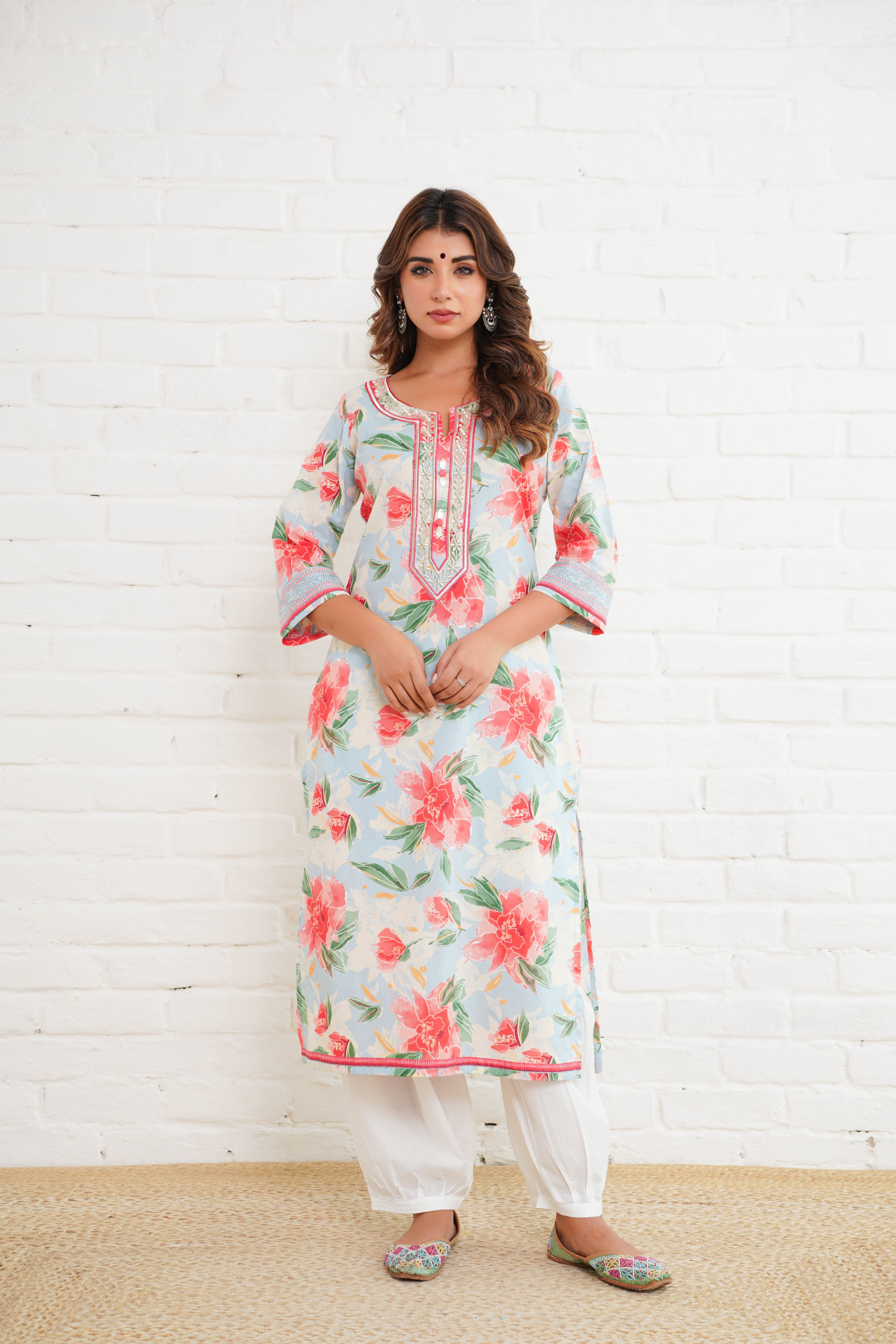 Blue Floral Printed Cotton Kurta