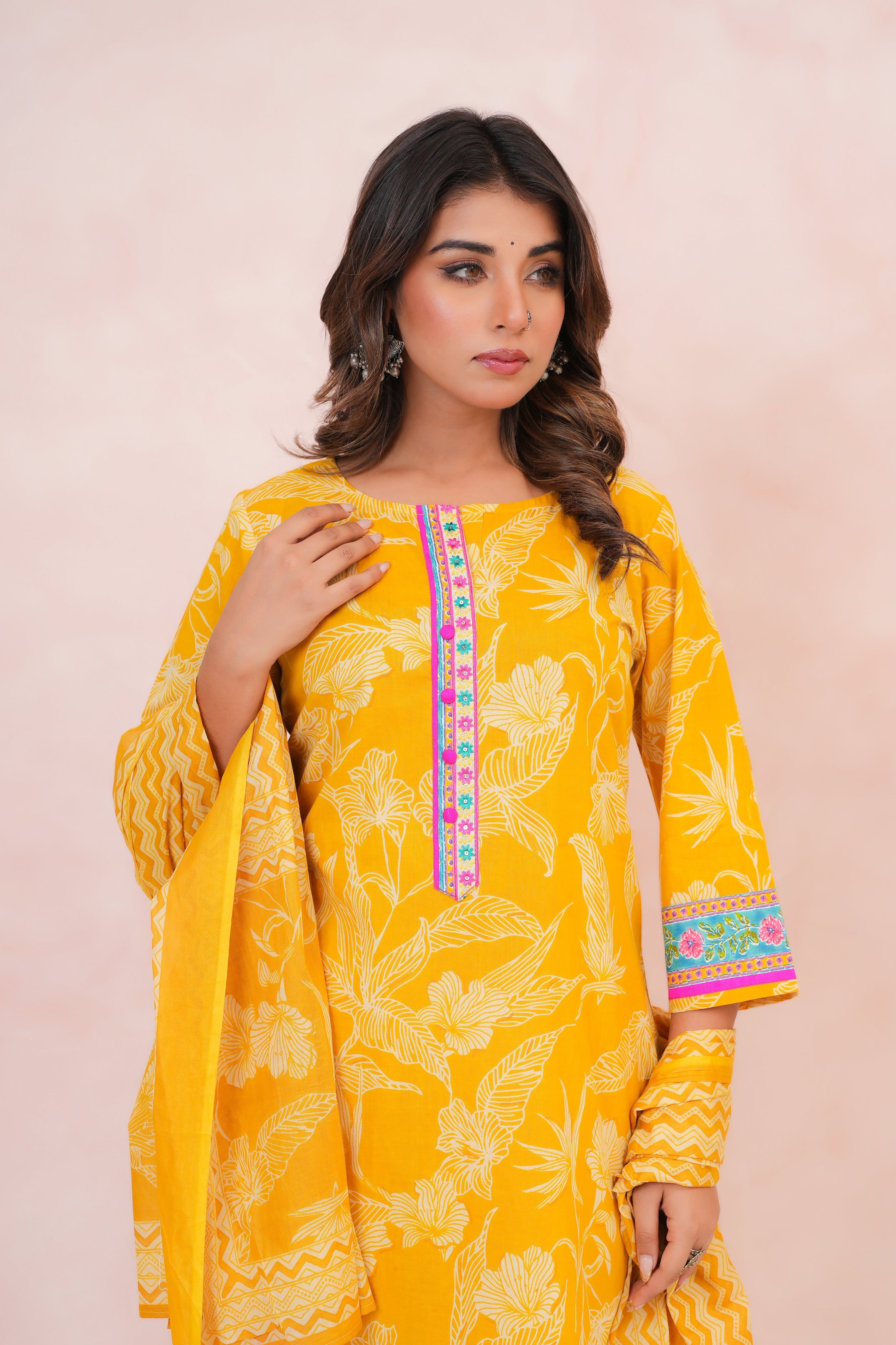 Mustard Floral Printed Cotton Suit Set