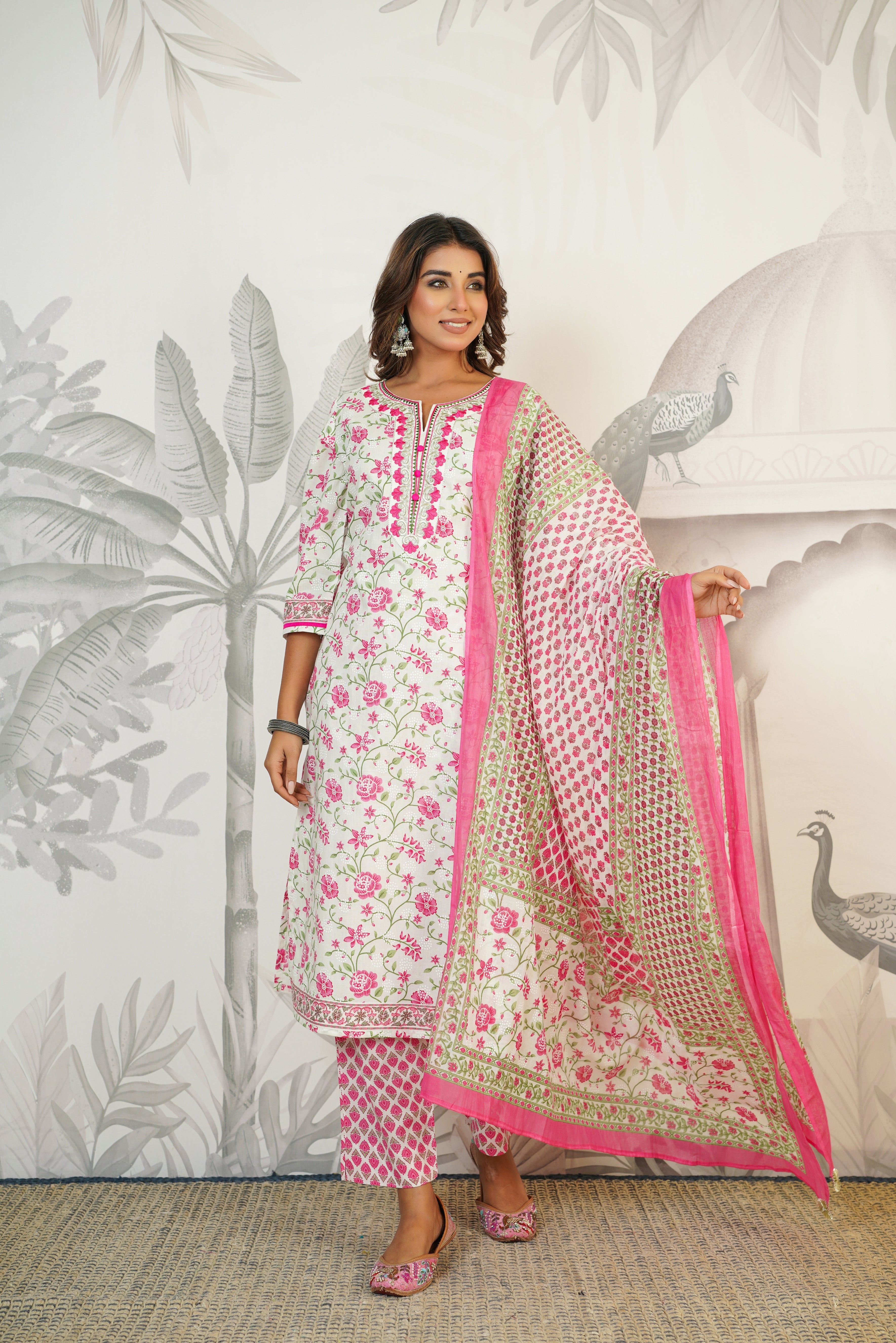 White Floral Printed Cotton Suit Set