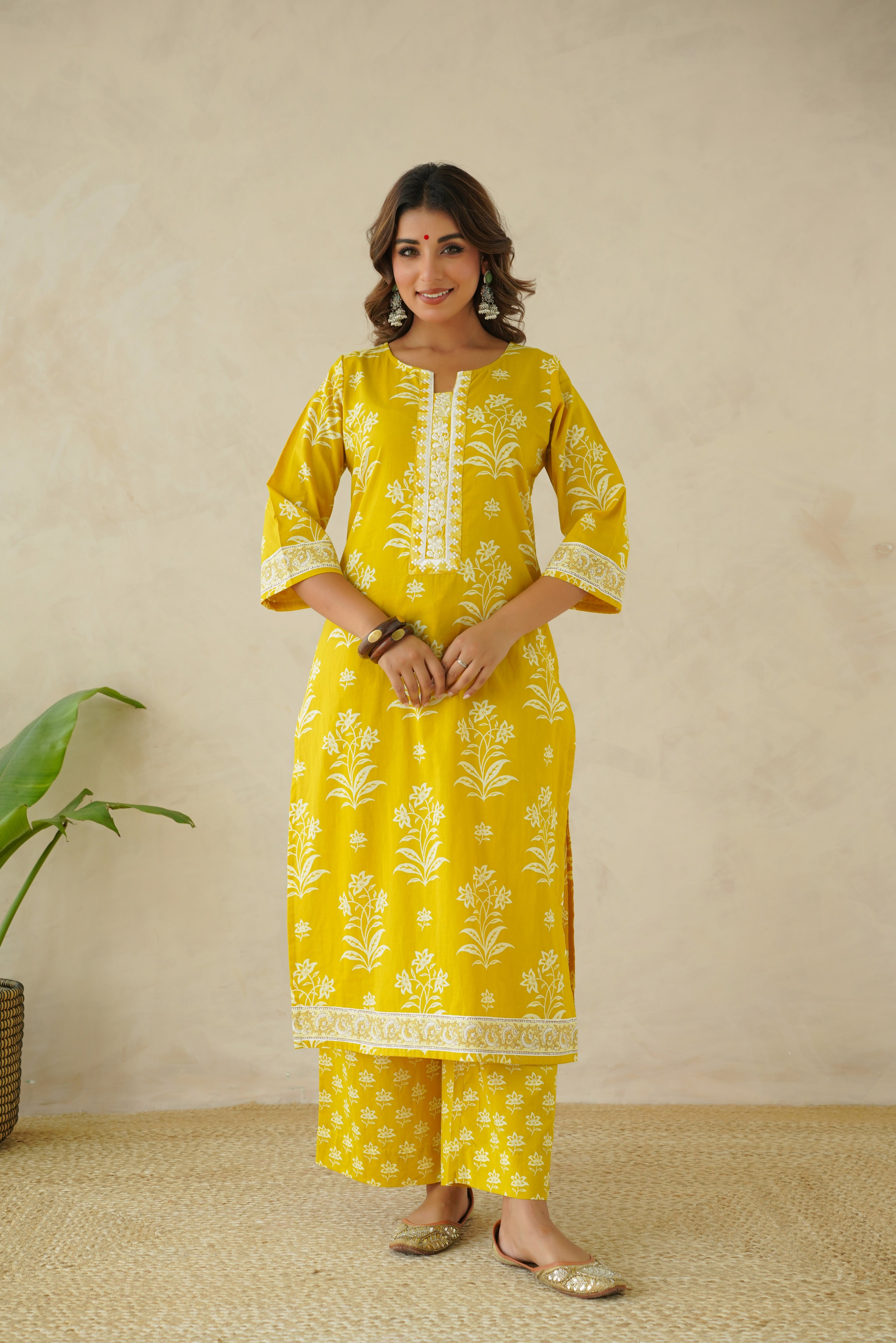 Yellow Motif  Printed Suit Set