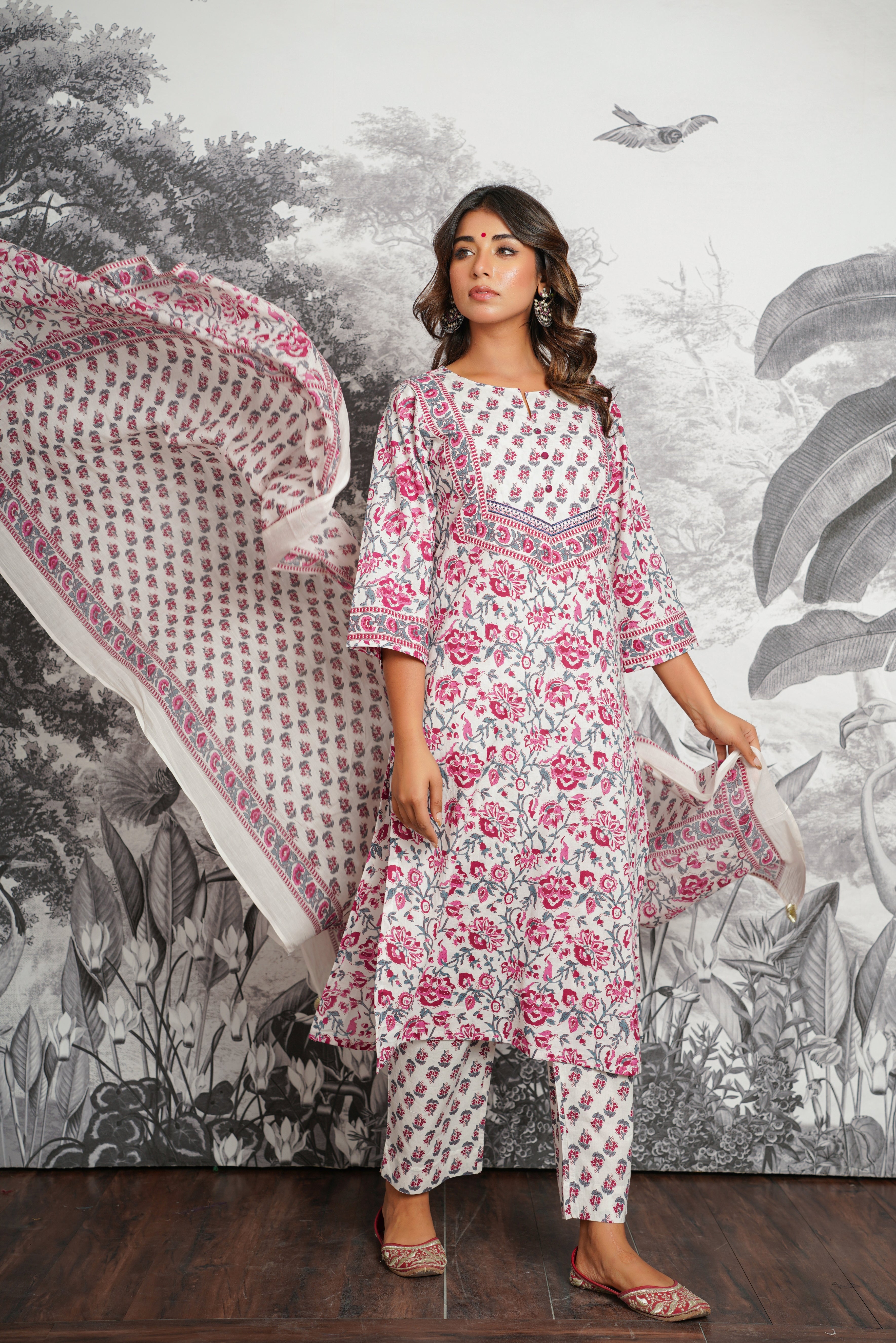 White Floral Printed Cotton Suit Set