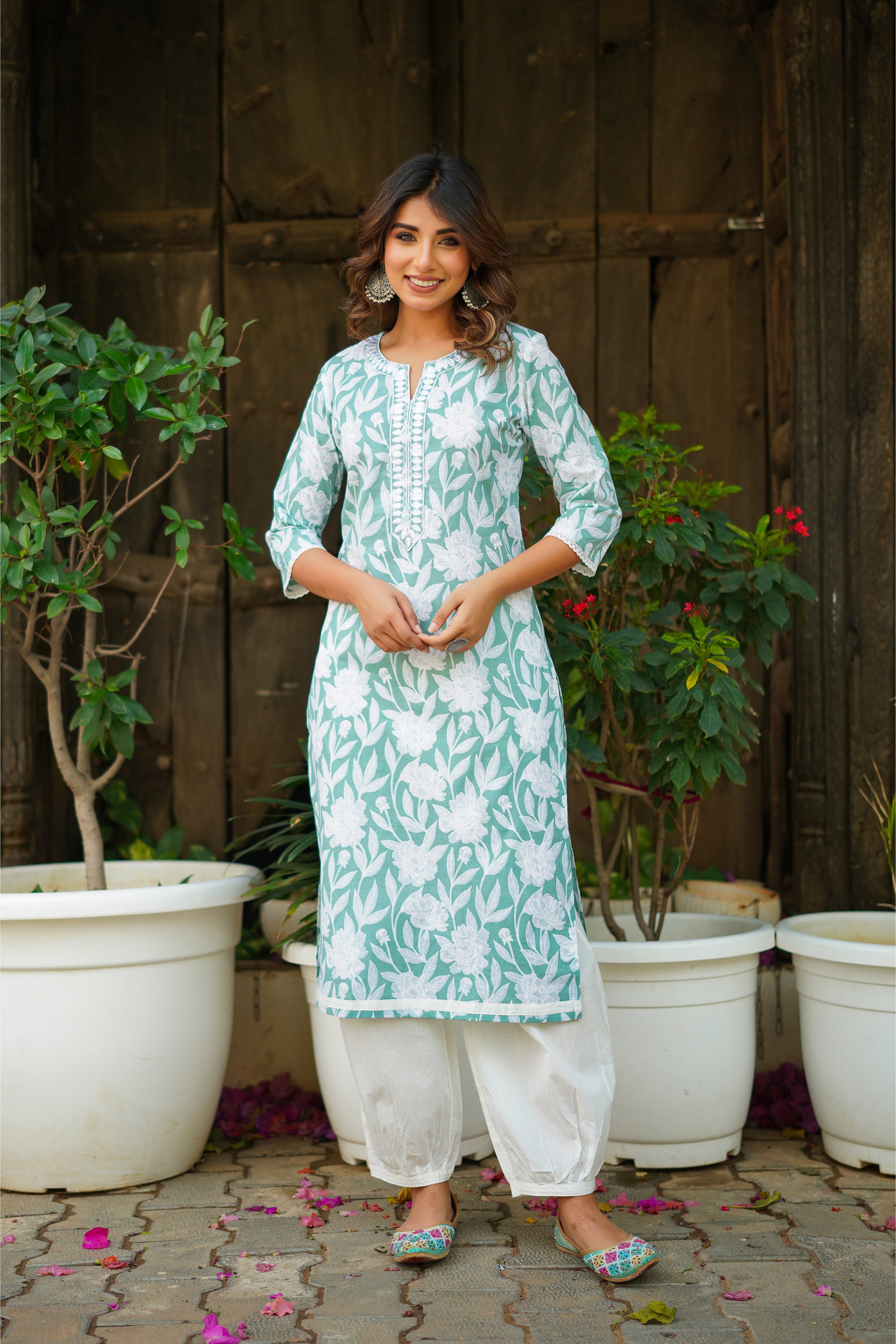 Sea Green Floral Printed Cotton Kurta