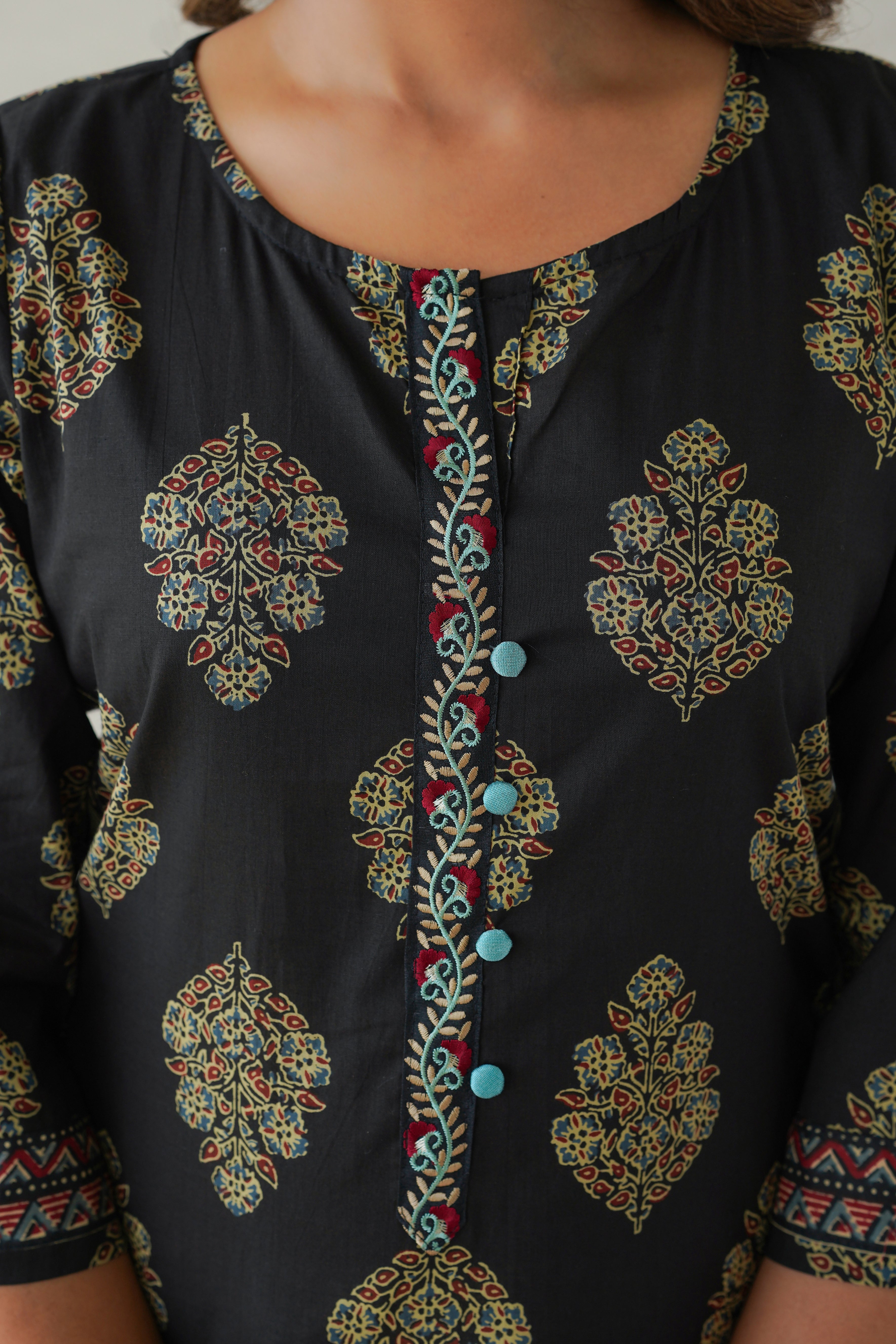 Black Motif Cotton Printed Kurta