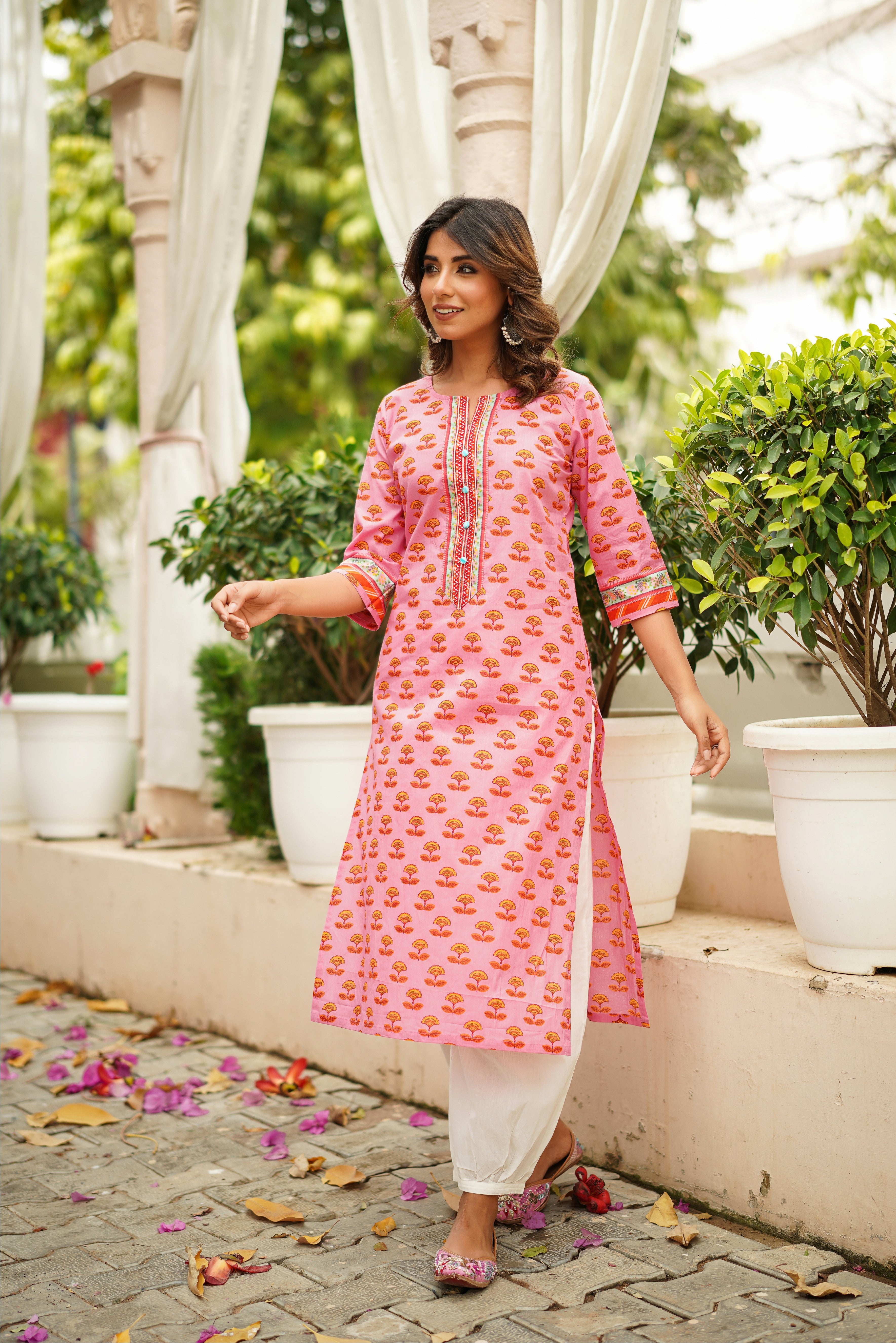 Pink Motif Printed Cotton Kurta