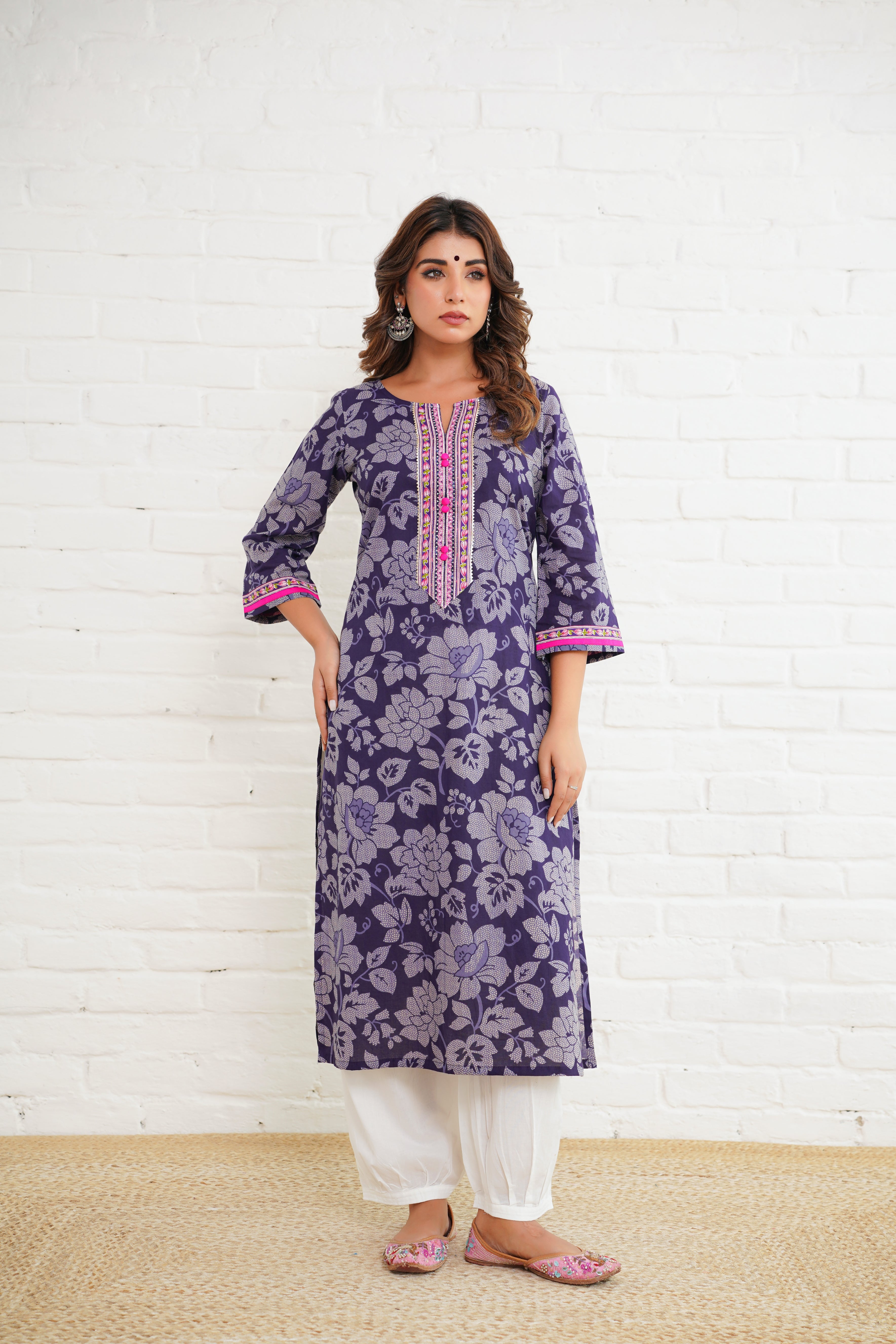 Purple Floral Cotton Printed Kurta