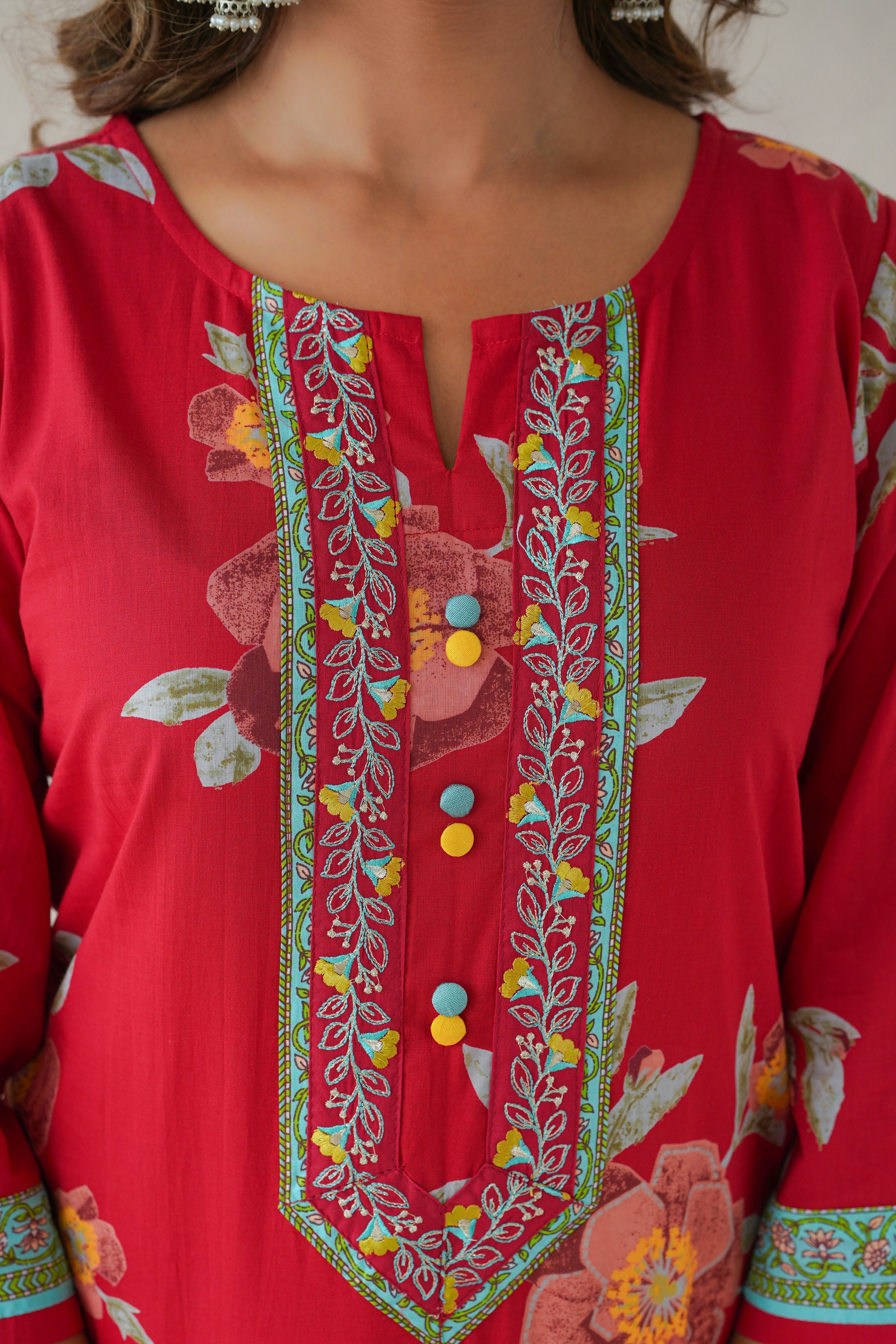 Red Floral Cotton Printed Kurta