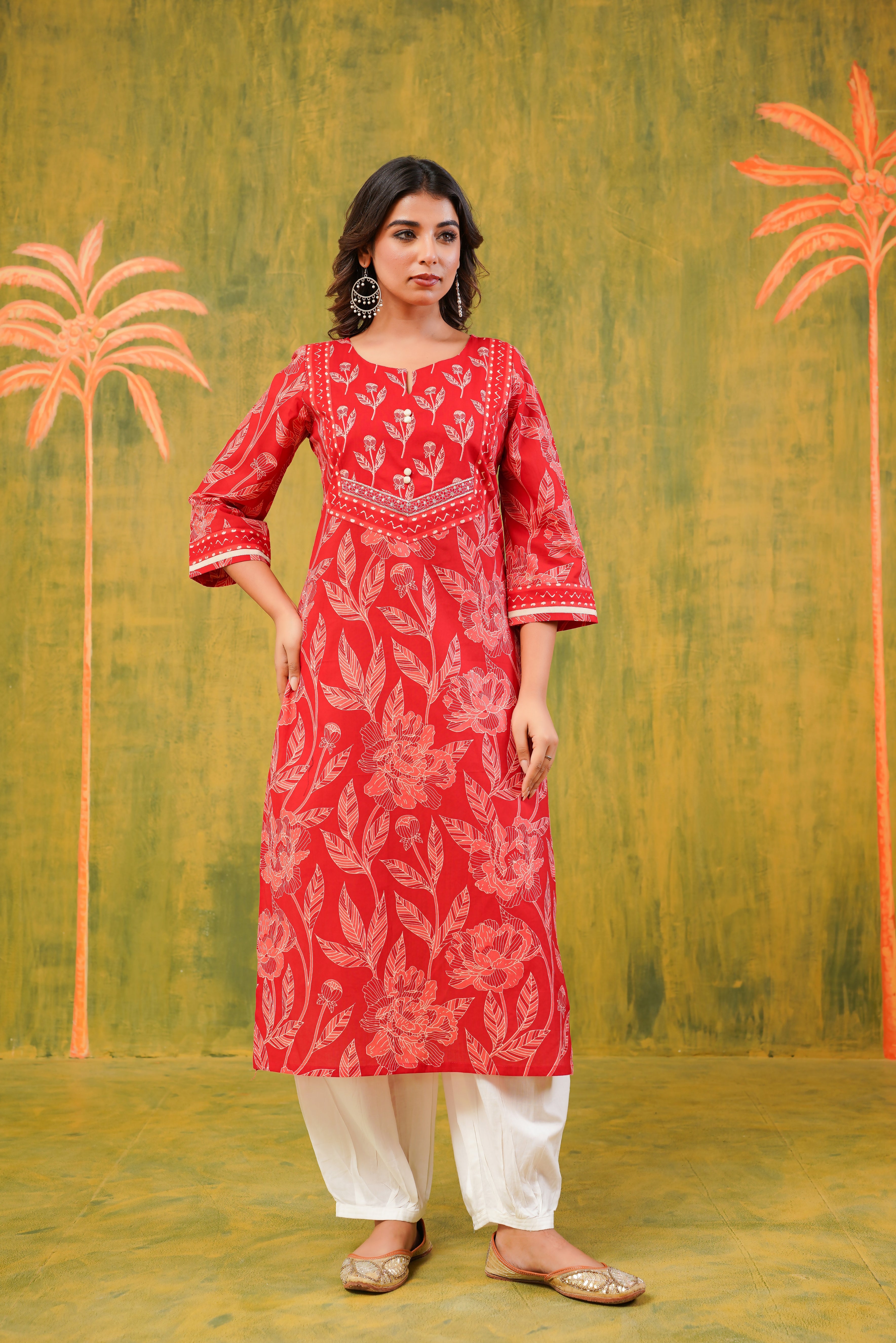 Red Floral Cotton Printed Kurta