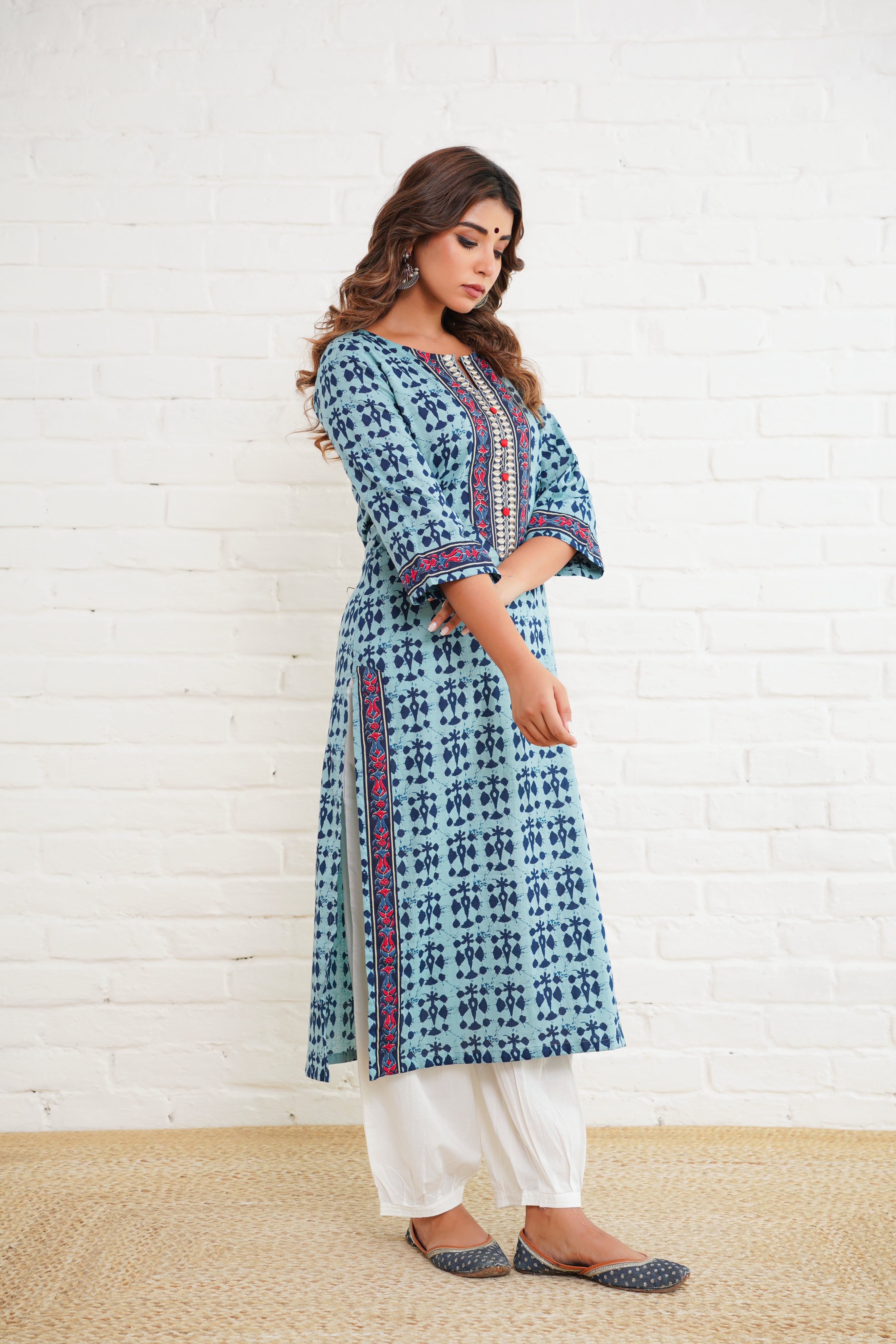 Blue Motif Cotton Printed Kurta