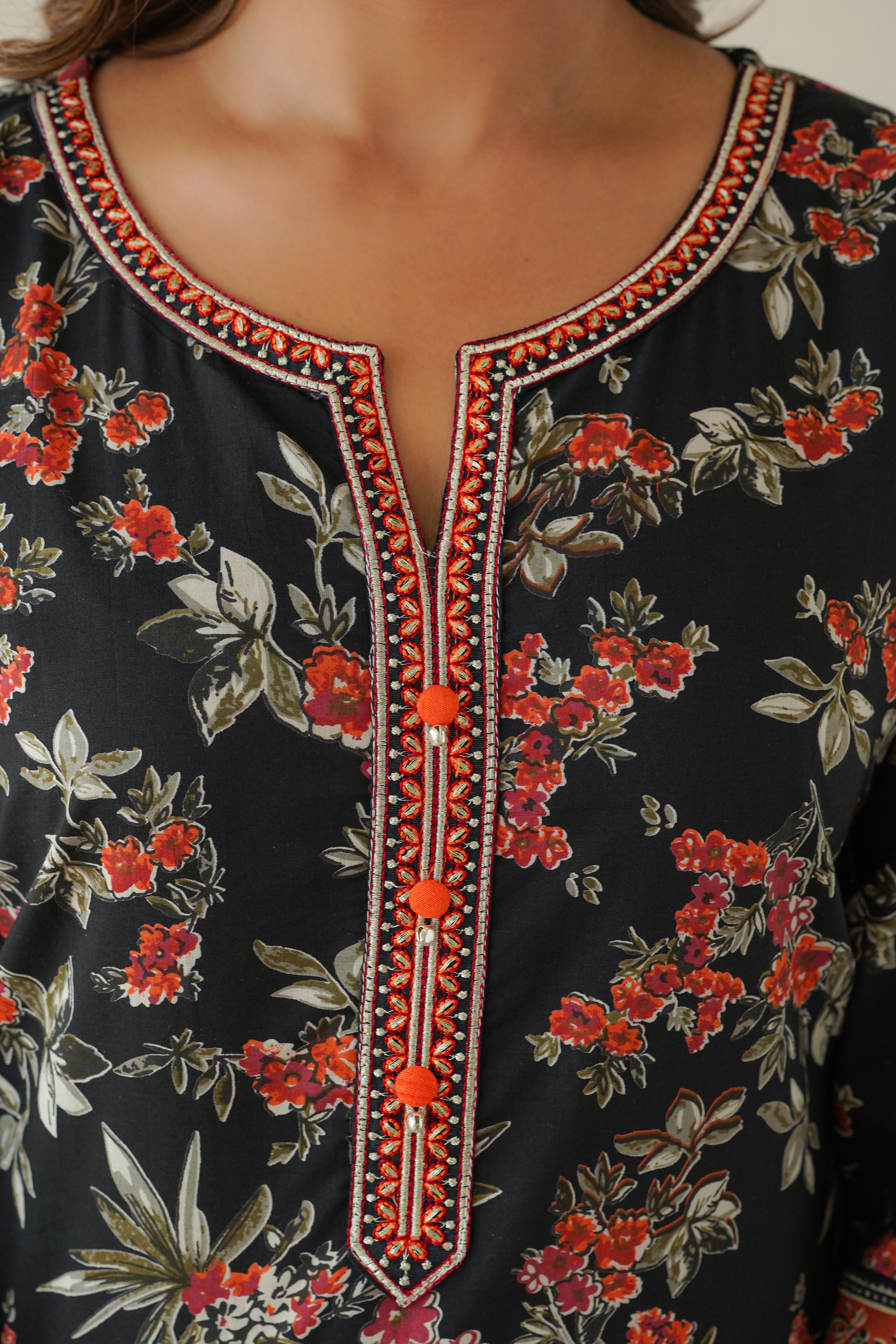 Black Floral Cotton Printed Kurta