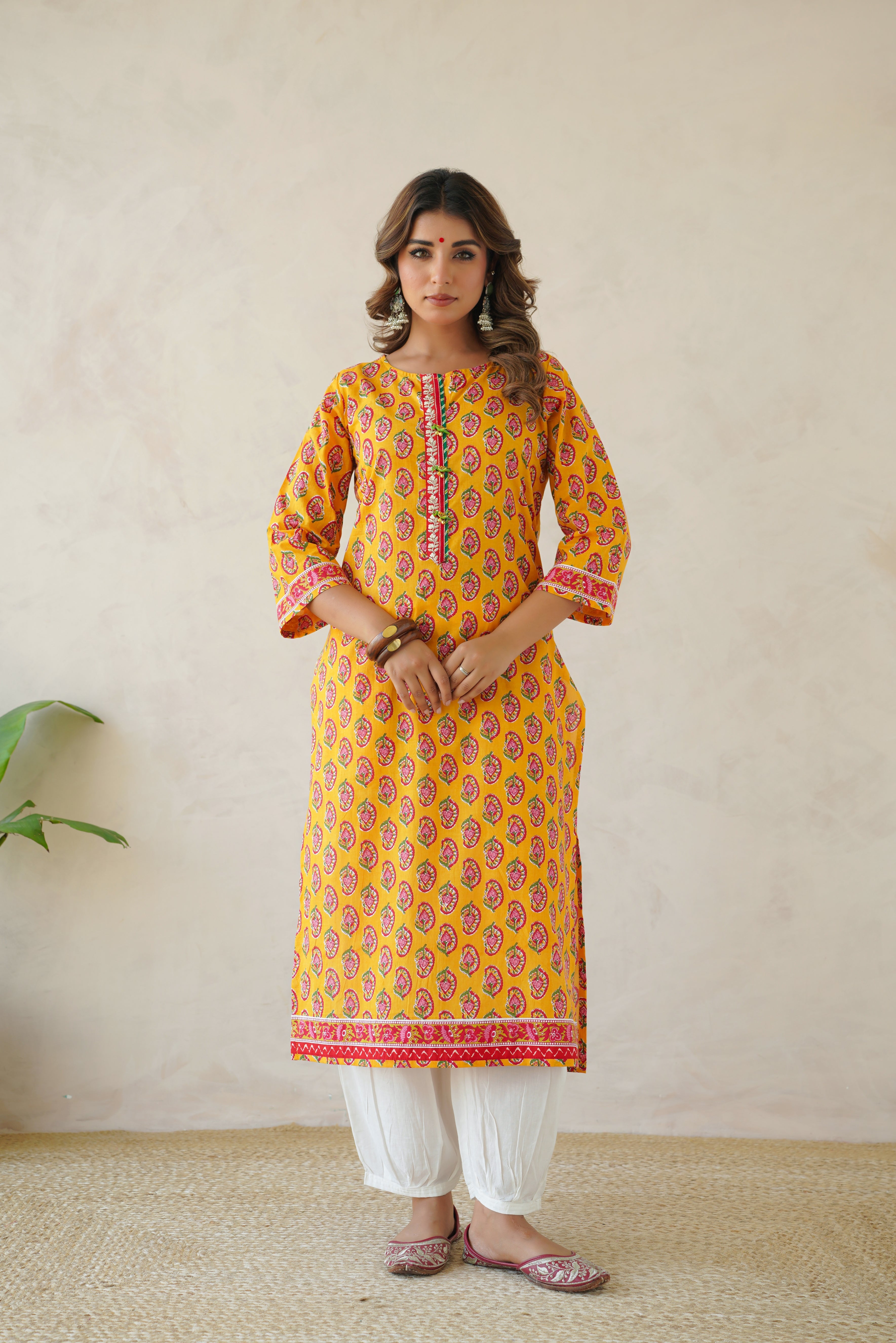 Yellow Motif Cotton Printed Kurta