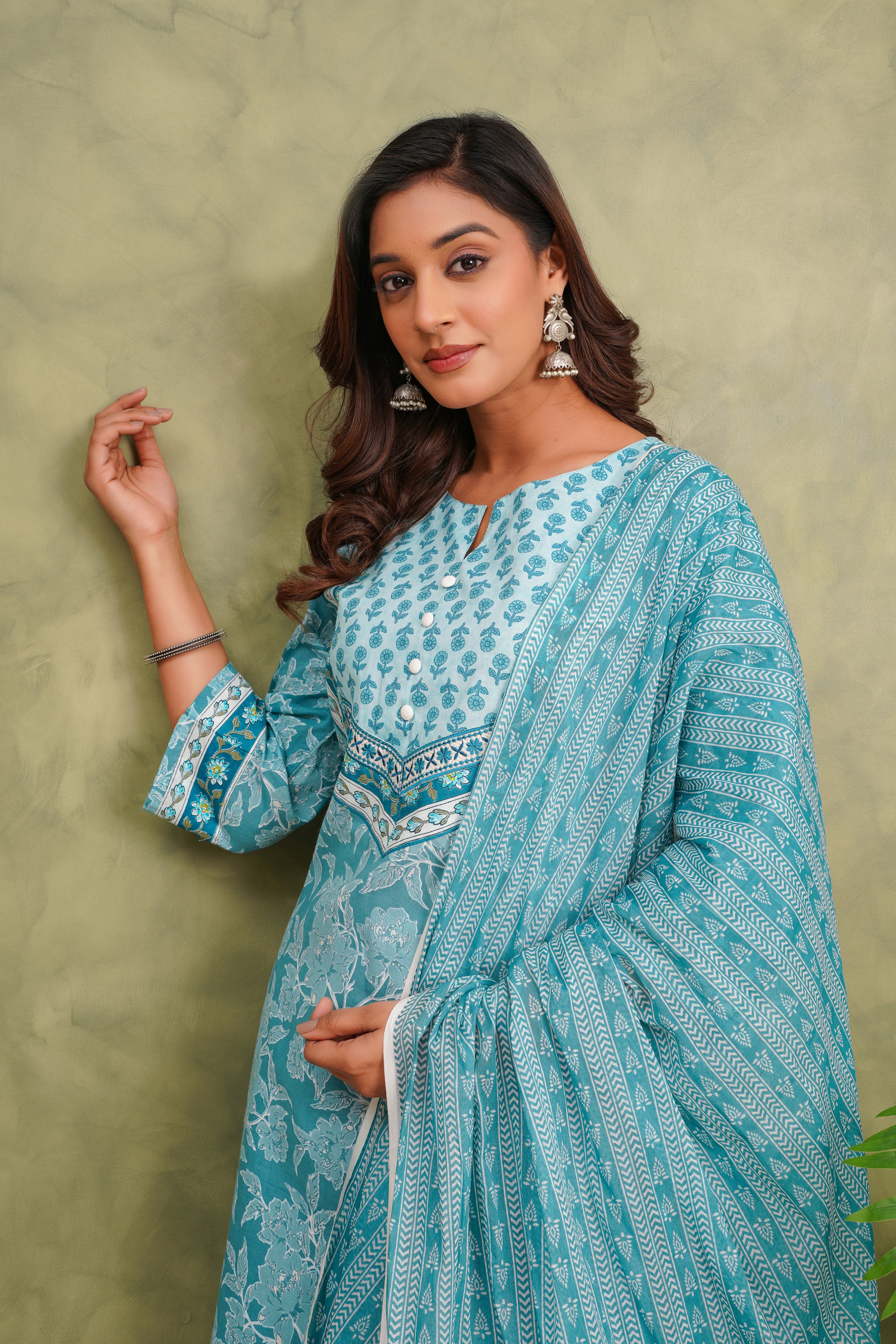 Blue Floral Printed Cotton Suit Set