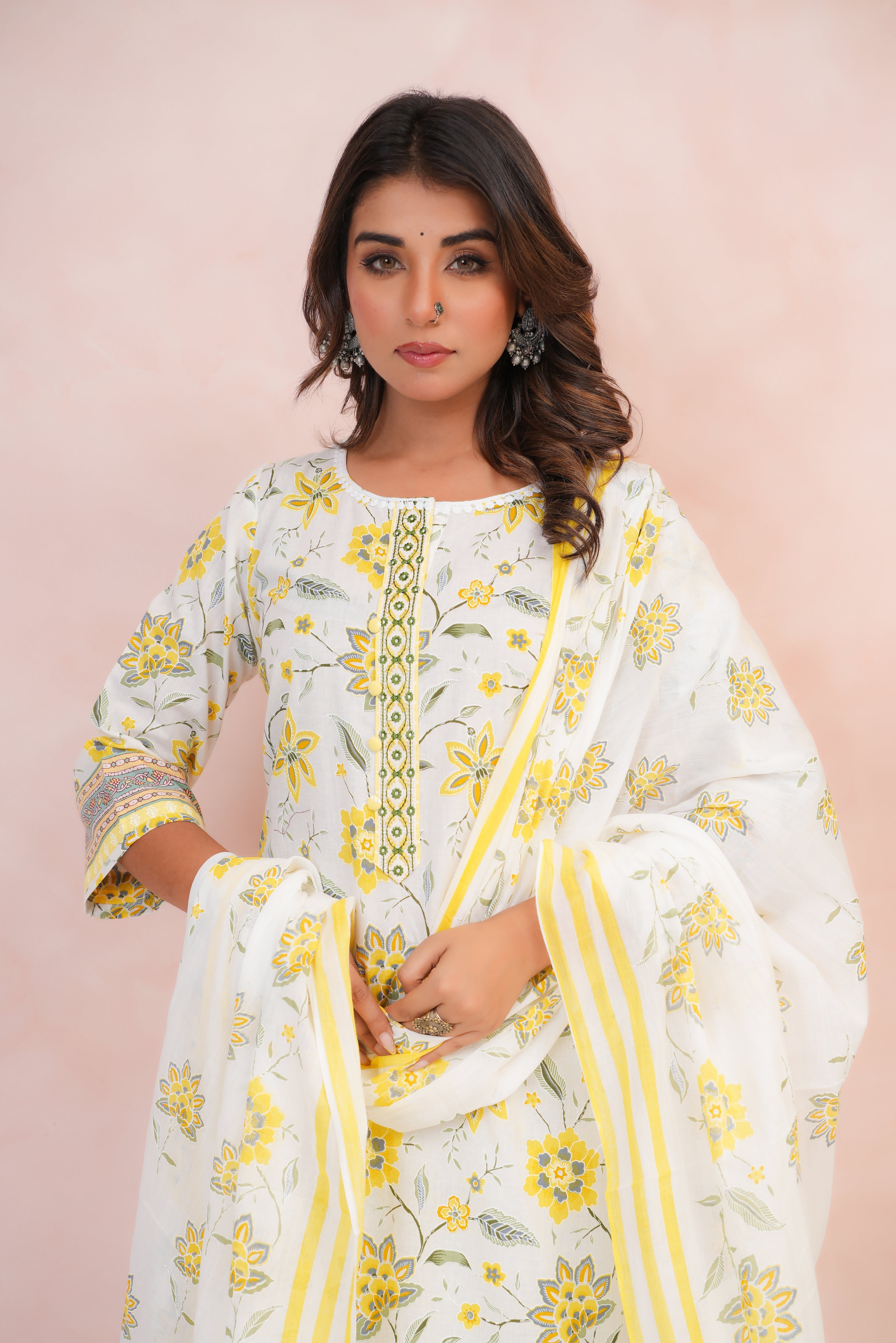 Lemon Floral Printed Cotton Suit Set