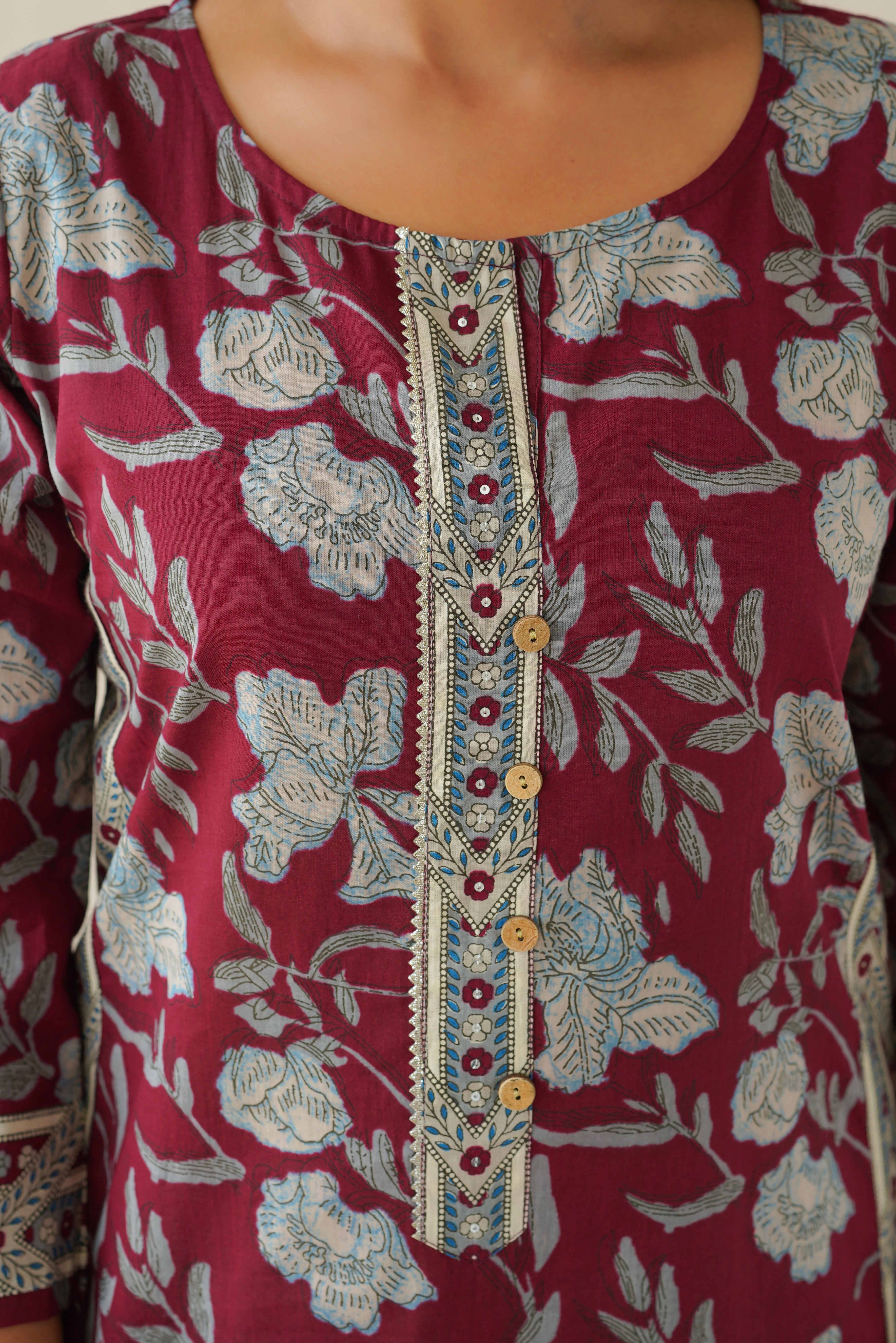 Wine Floral Cotton Printed Kurta