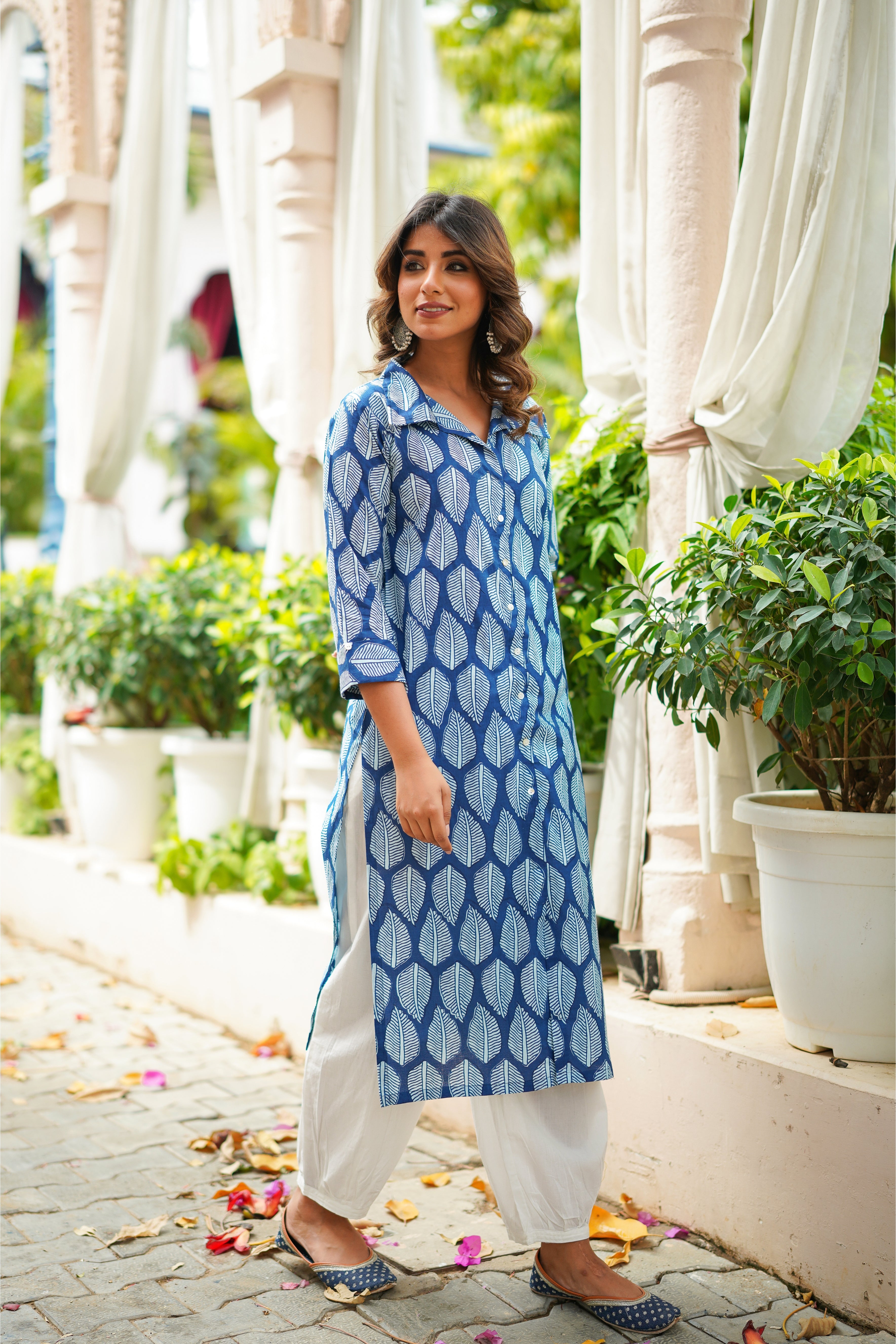 Blue Motif Printed Cotton Kurta