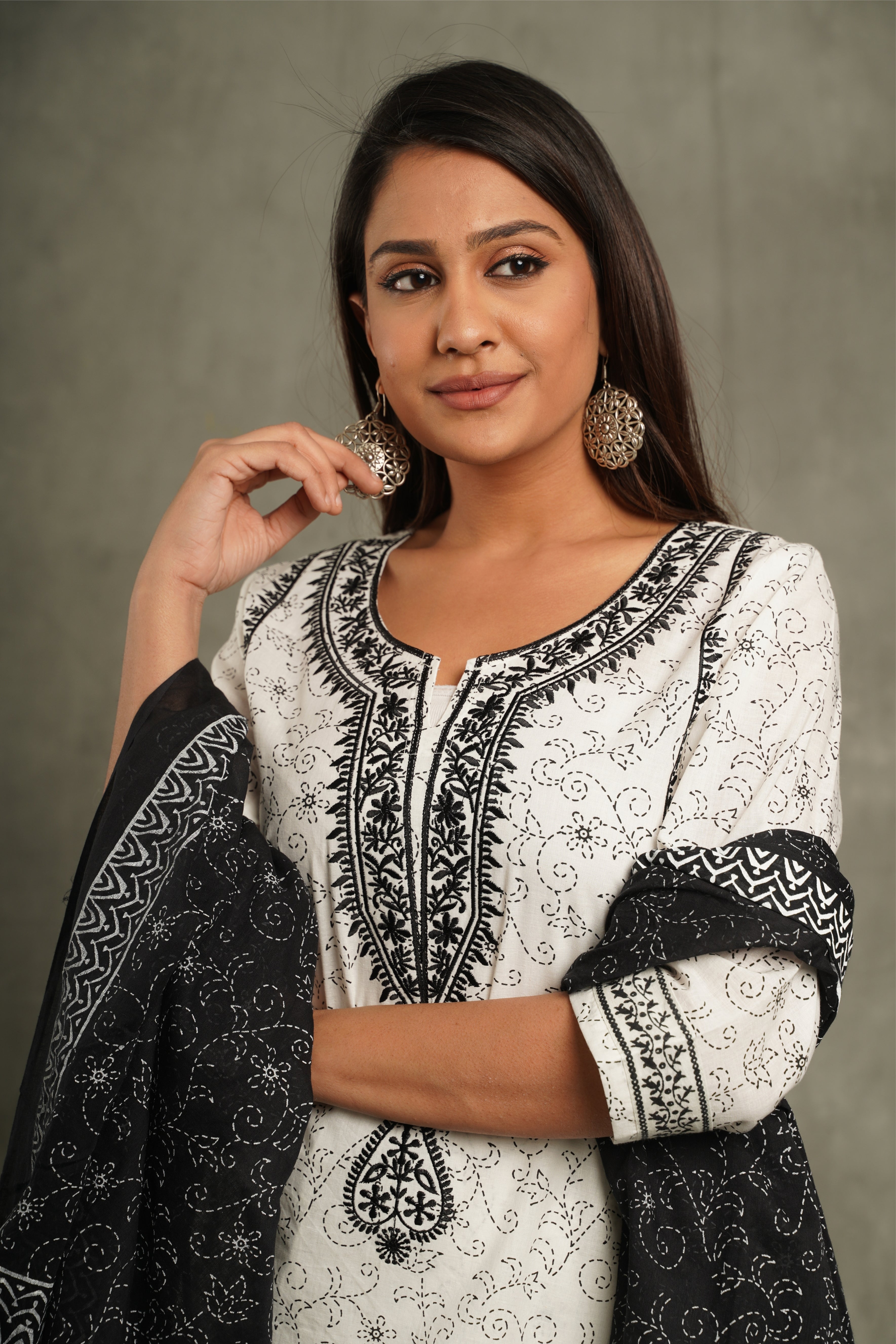 Black & White Embroidery Cotton Suit Set