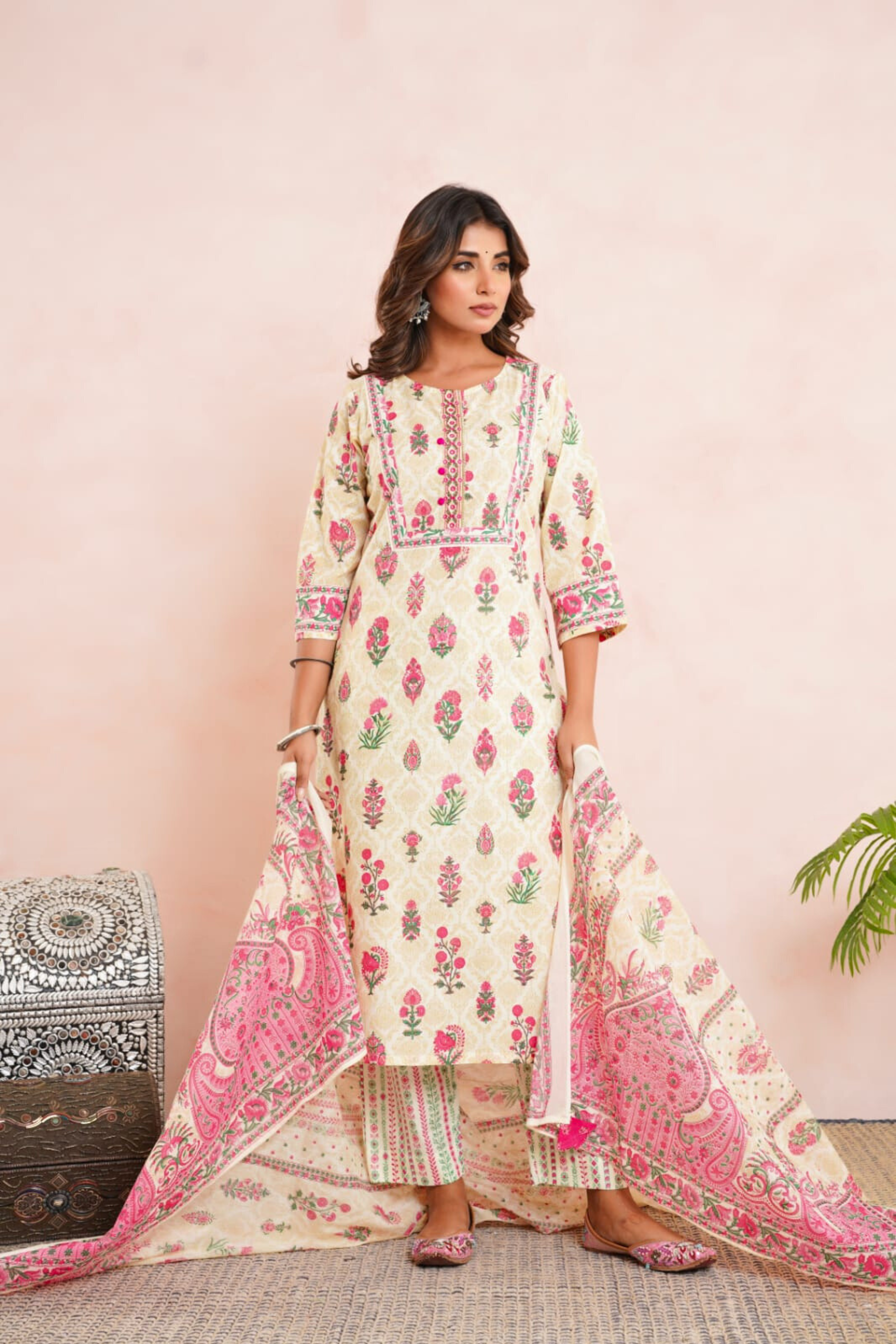 Pink Floral Printed Cotton Suit Set