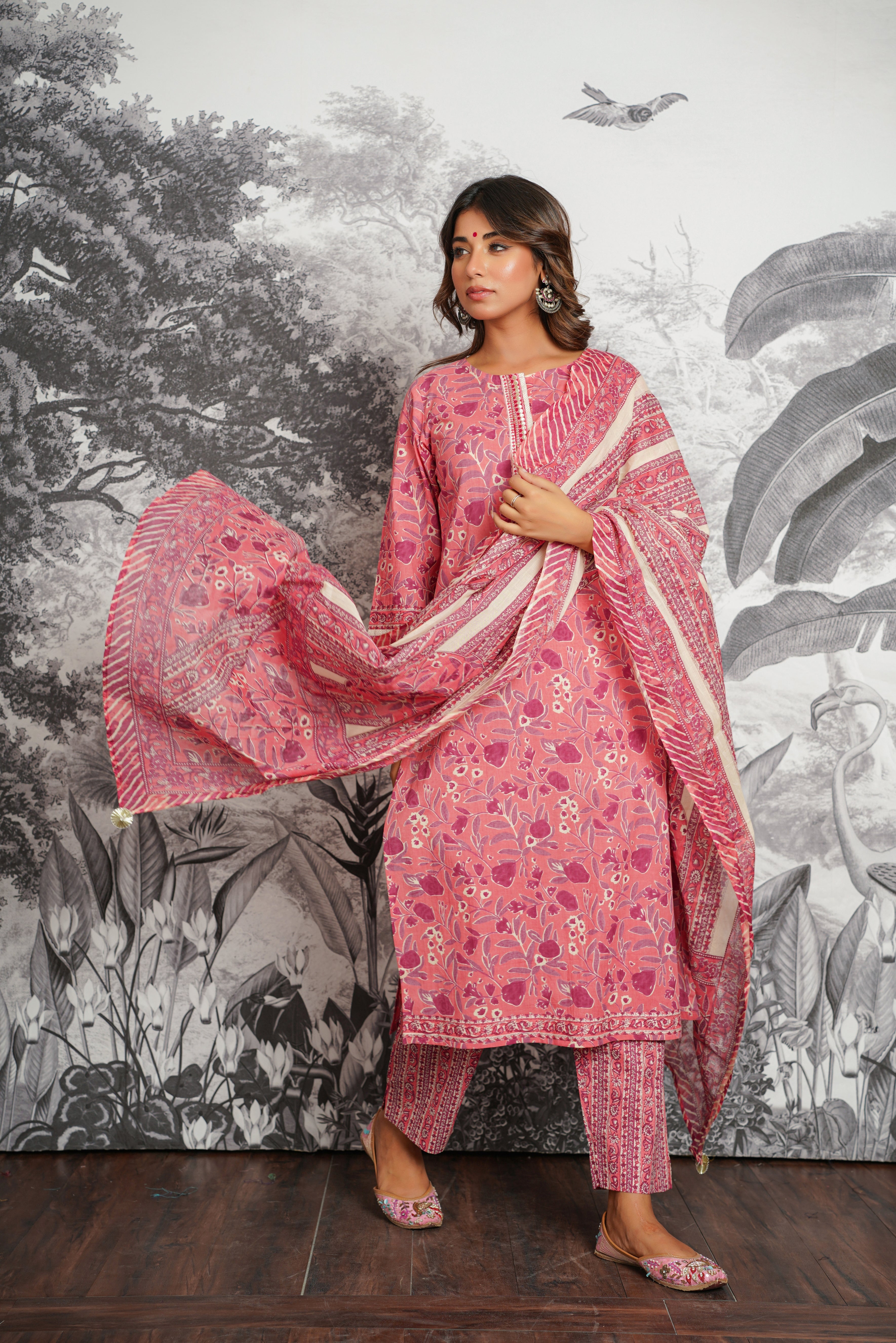 Pink Floral Printed Cotton Suit Set