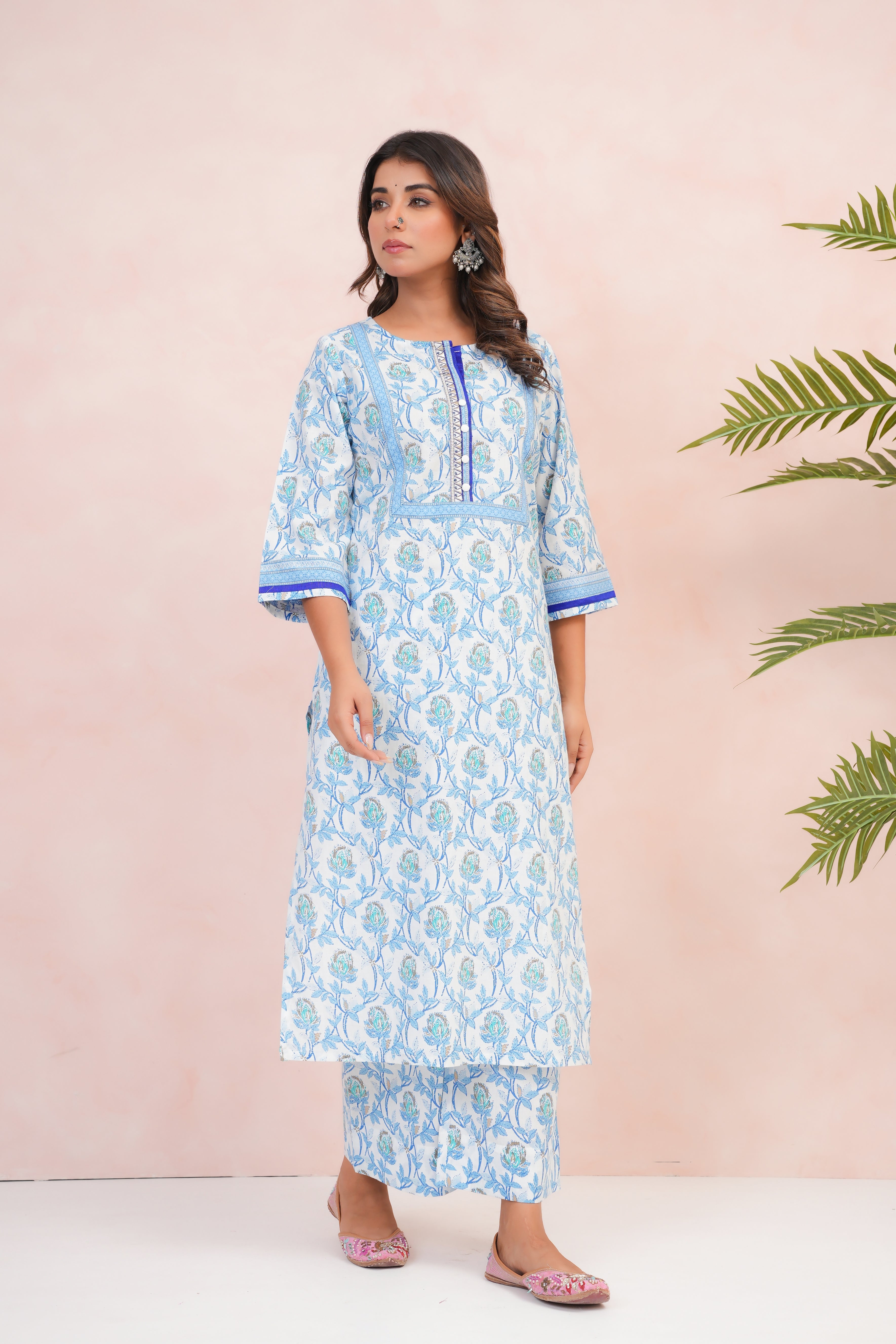 Blue Floral Printed Cotton Suit Set