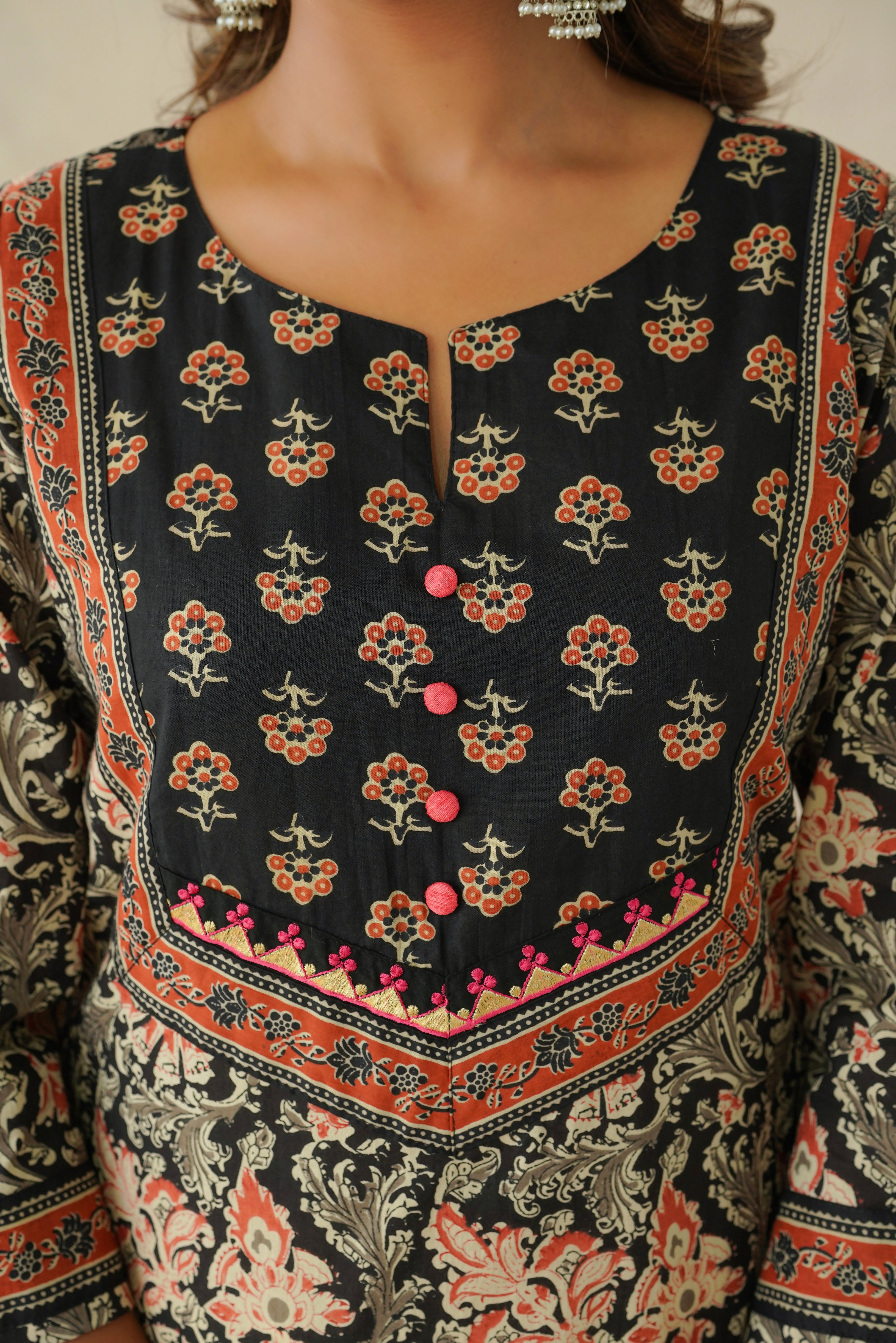 Black Floral Cotton Printed Kurta