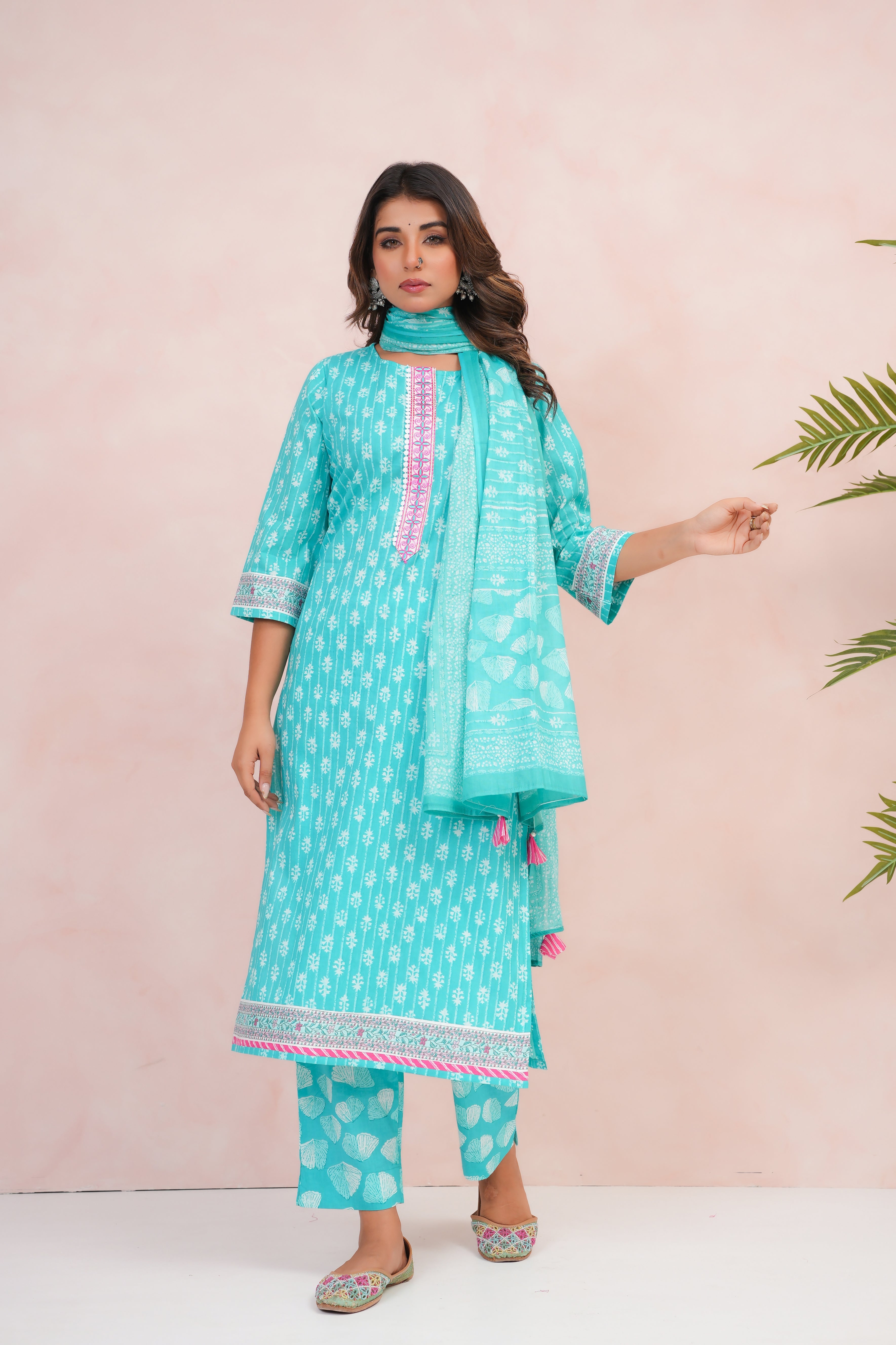 Turquoise Motif Printed Cotton Suit Set