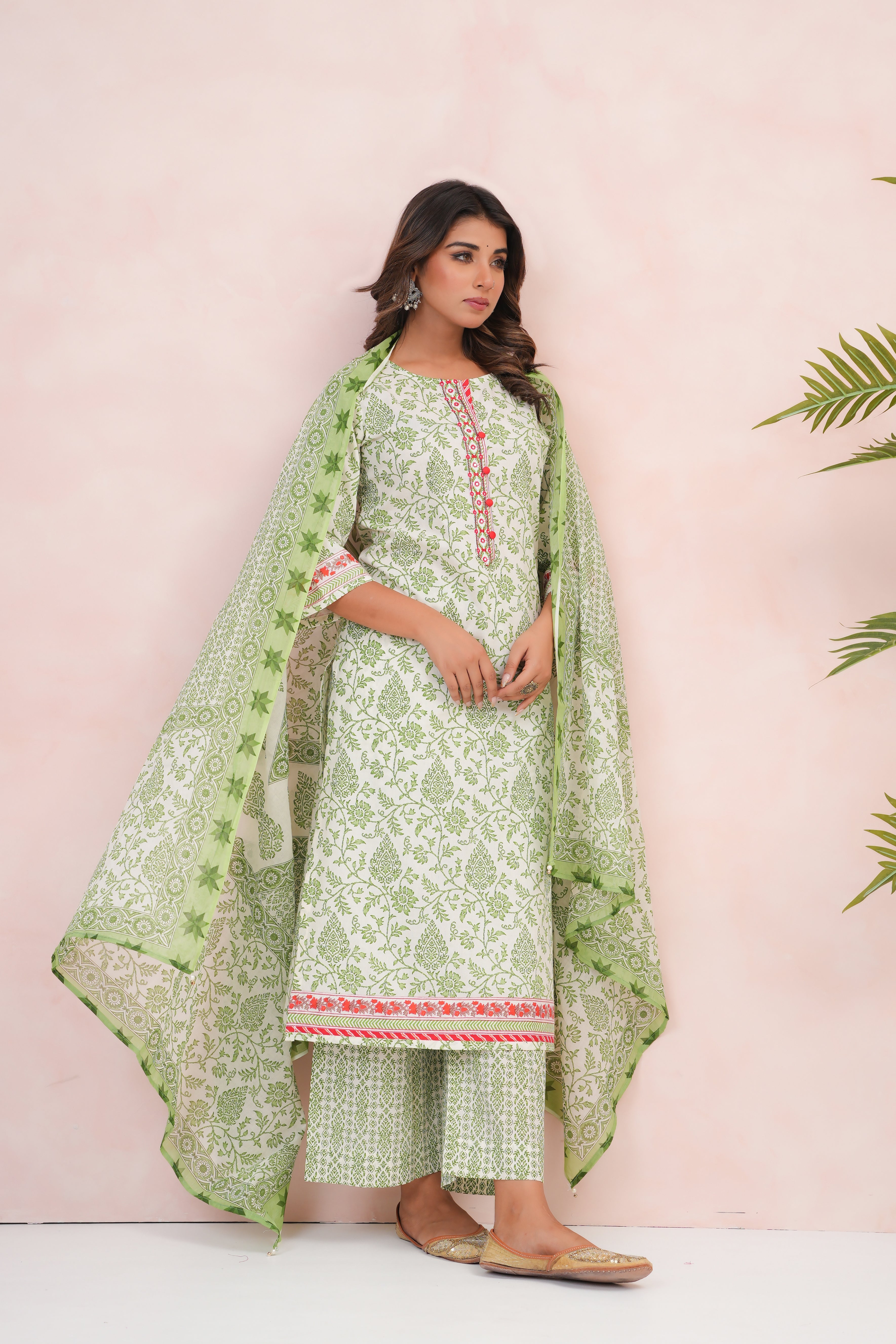 Green Motif Printed Cotton Suit Set