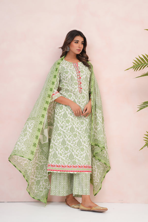 Green Motif Printed Cotton Suit Set