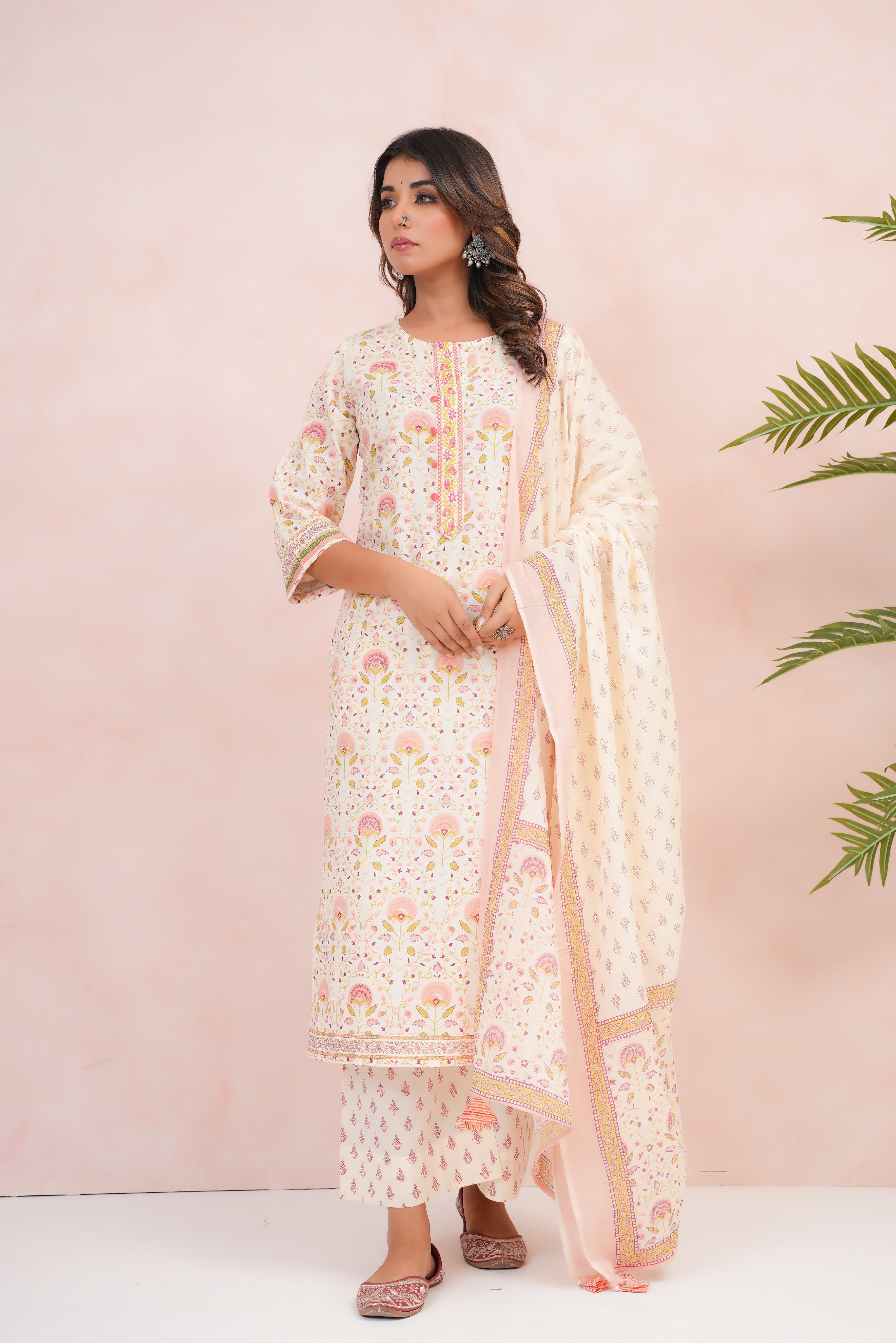 Peach Floral Printed Cotton Suit Set