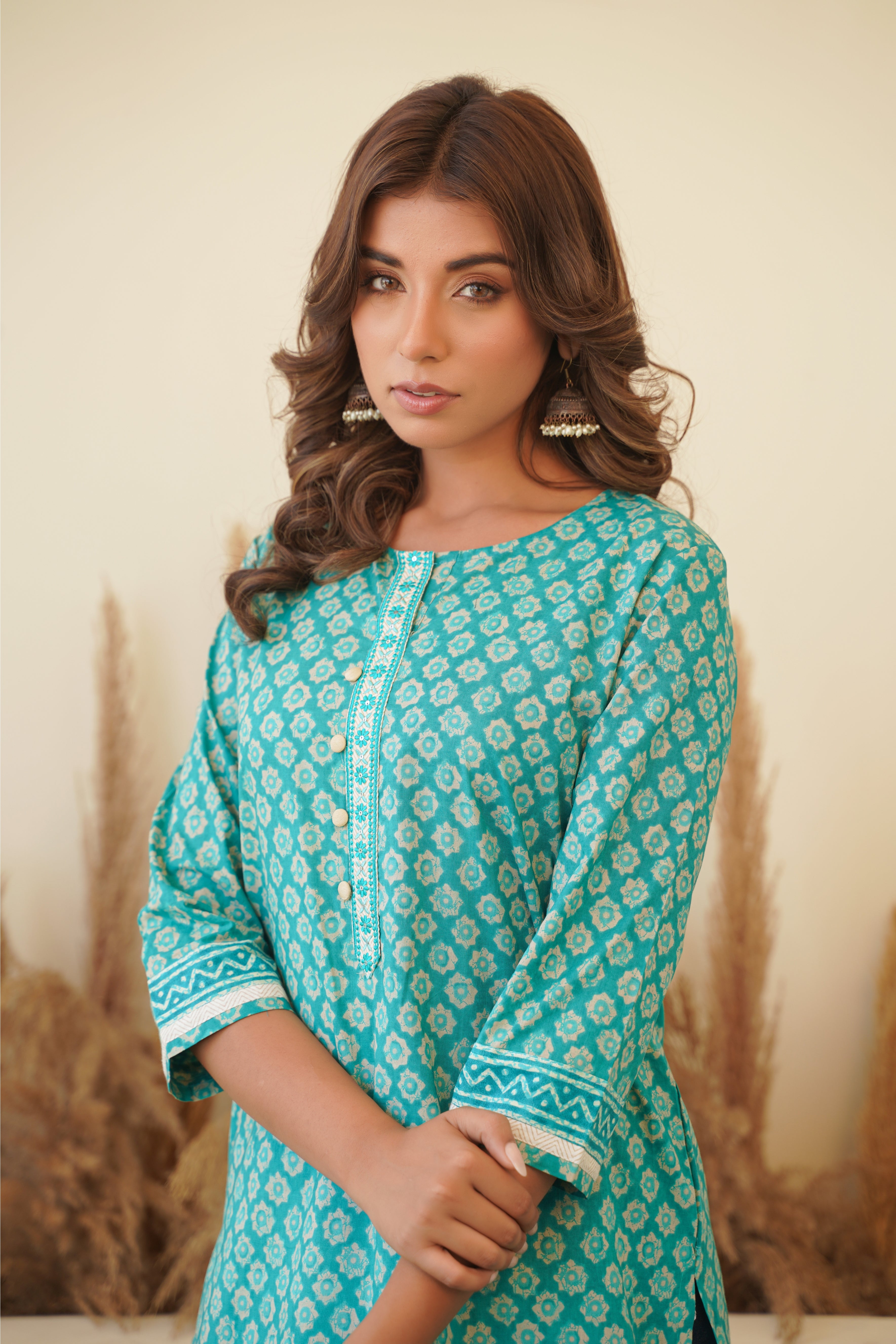 Turquoise Motif Printed Cotton Kurti