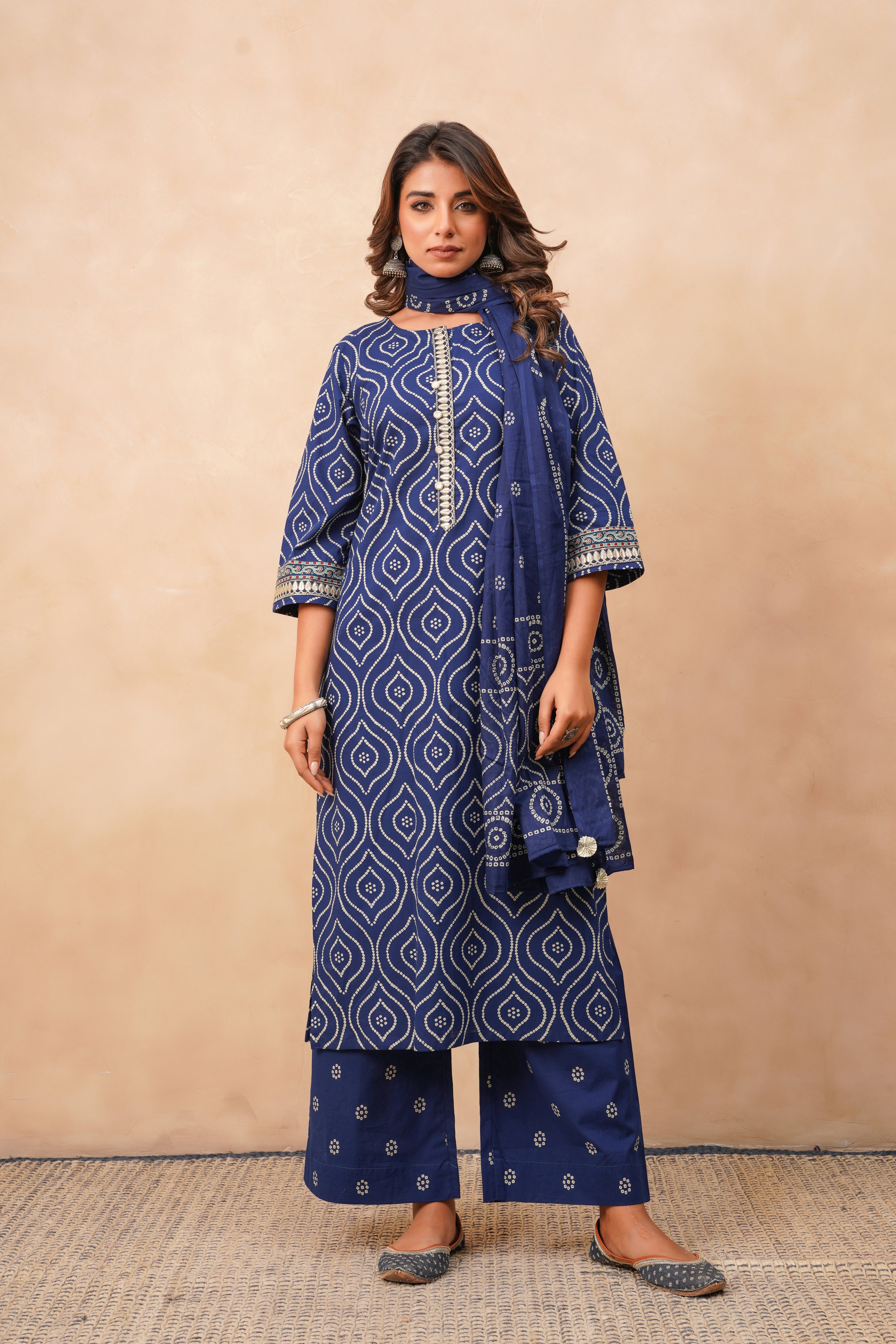 Blue Bhandej Printed Cotton Suit Set