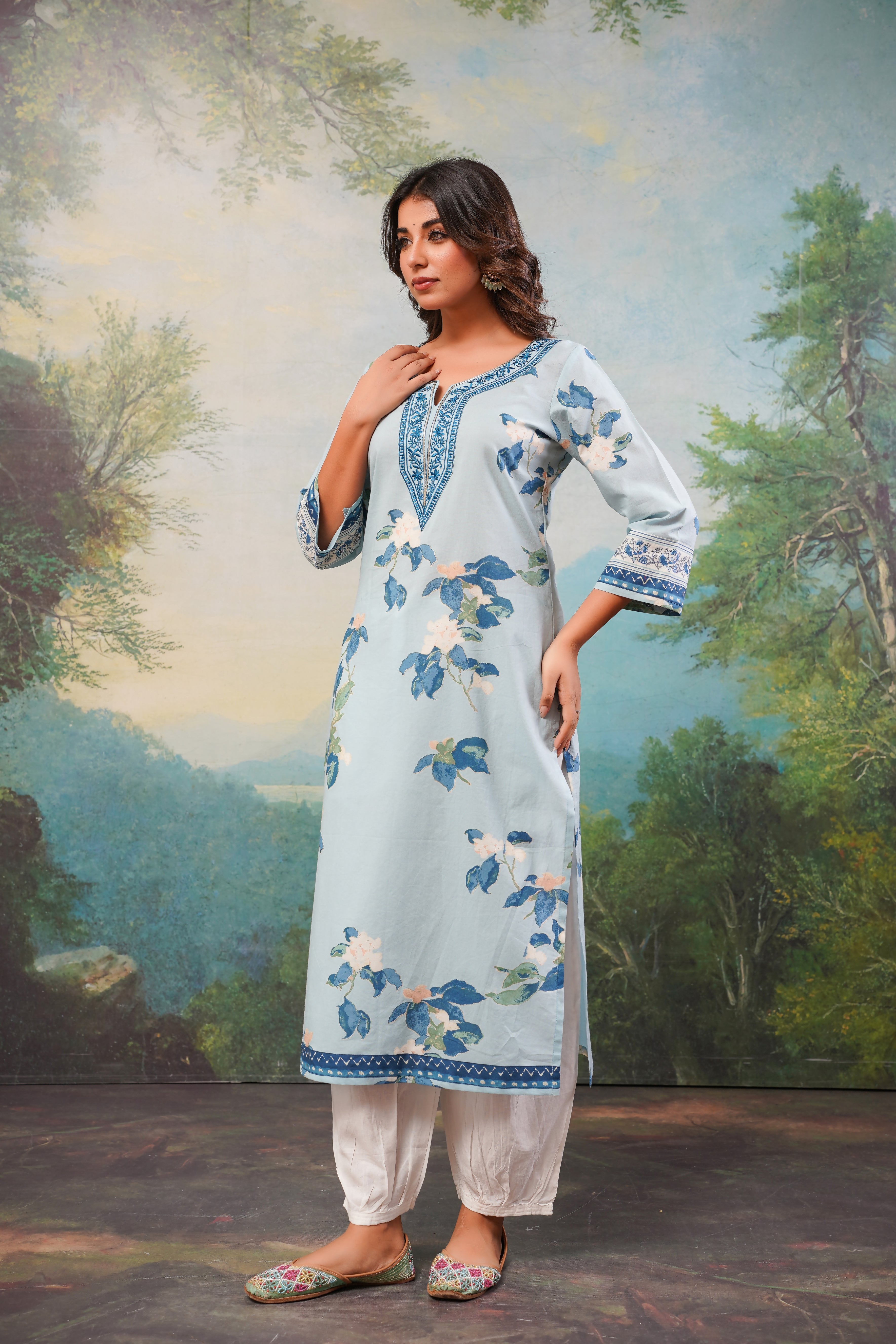 Blue Floral Printed Cotton Kurta