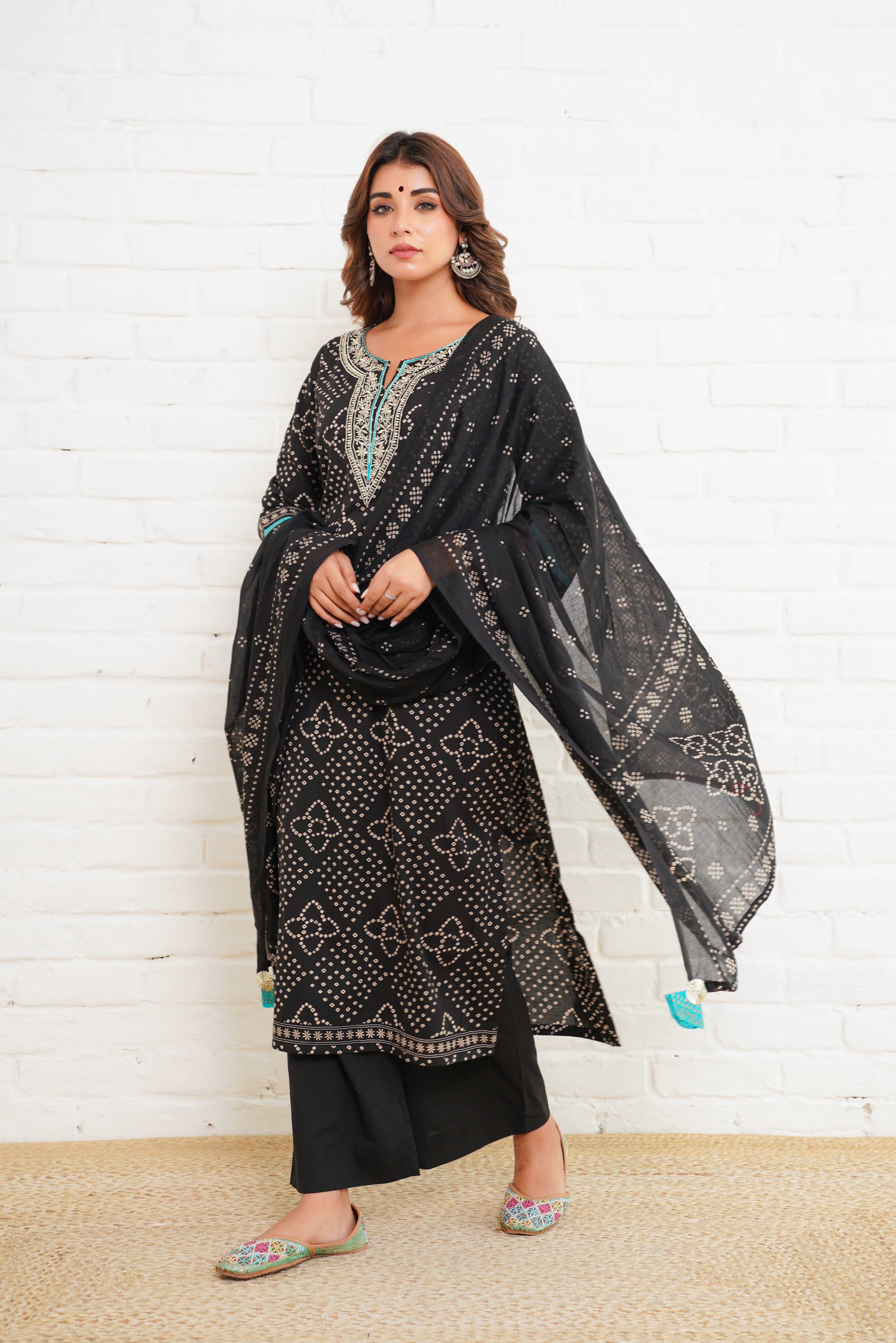 Black Bhandej Cotton Suit Set
