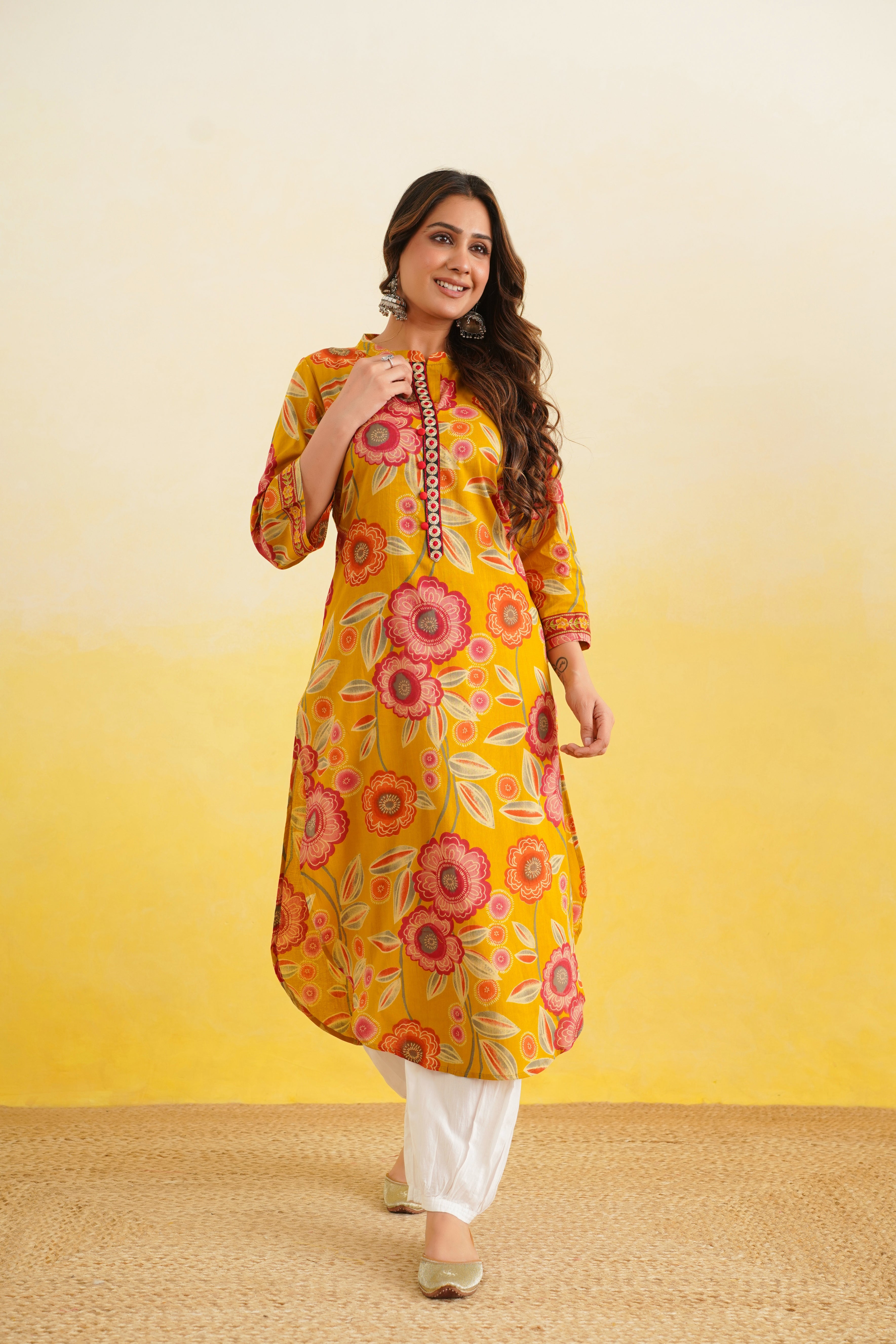Mustard Floral Cotton Printed Kurta