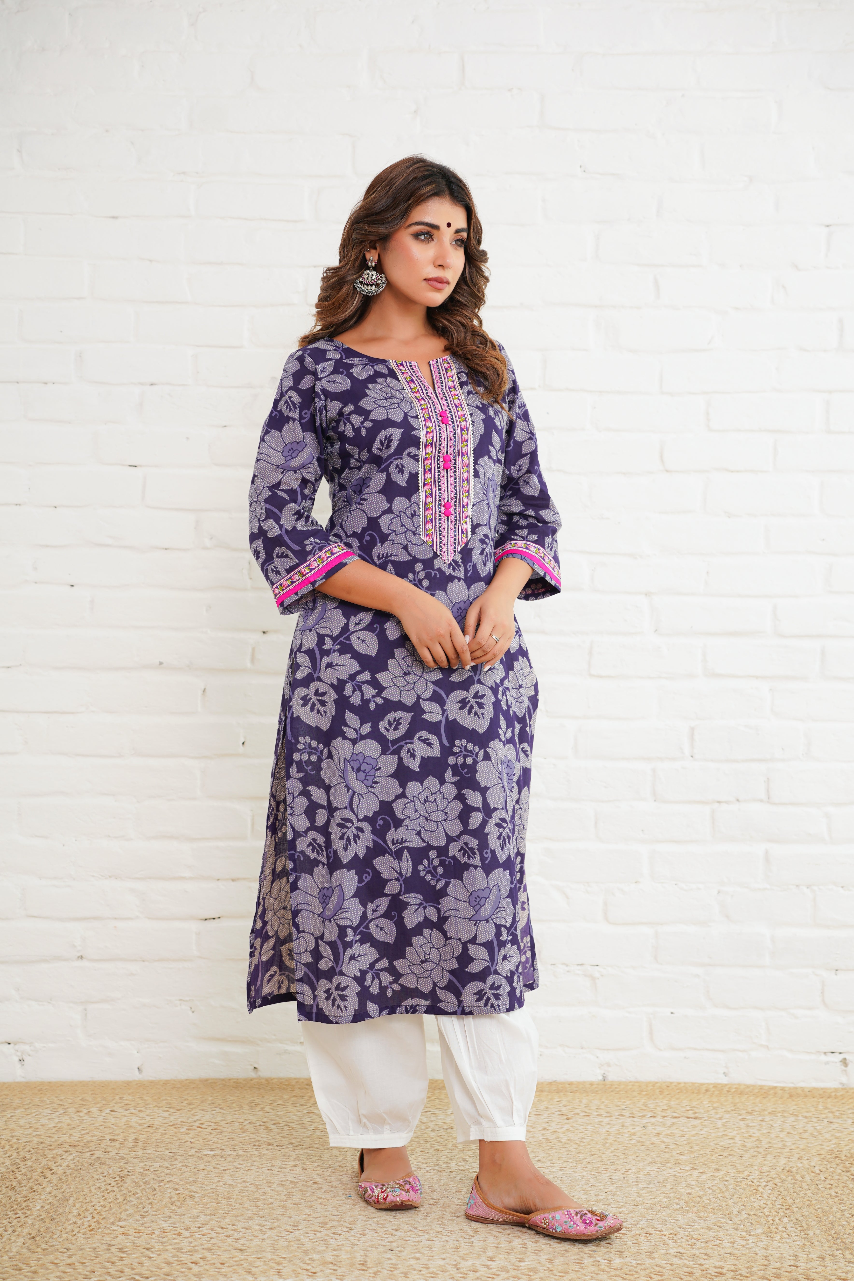 Purple Floral Cotton Printed Kurta