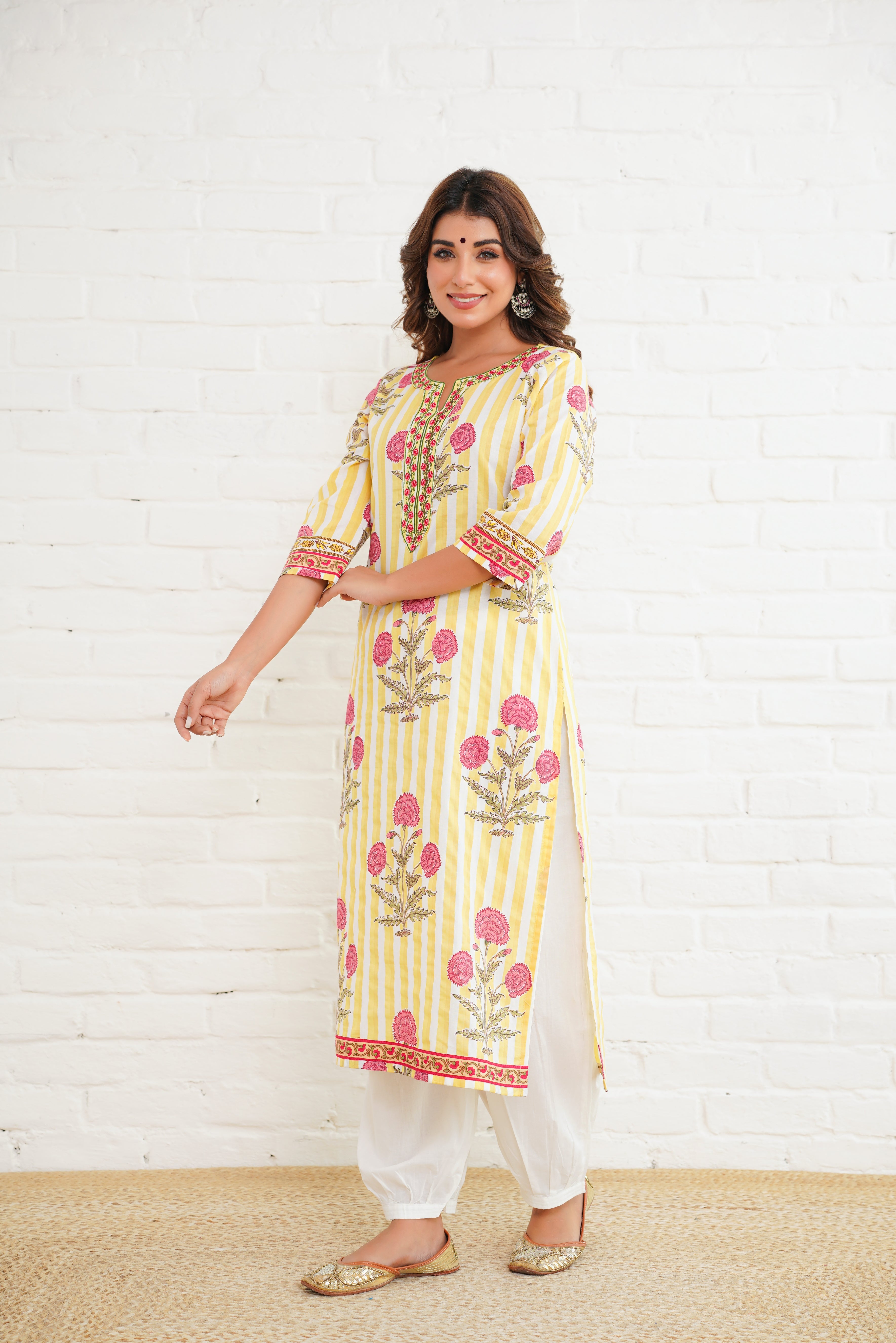Yellow Stripe Printed Cotton Kurta