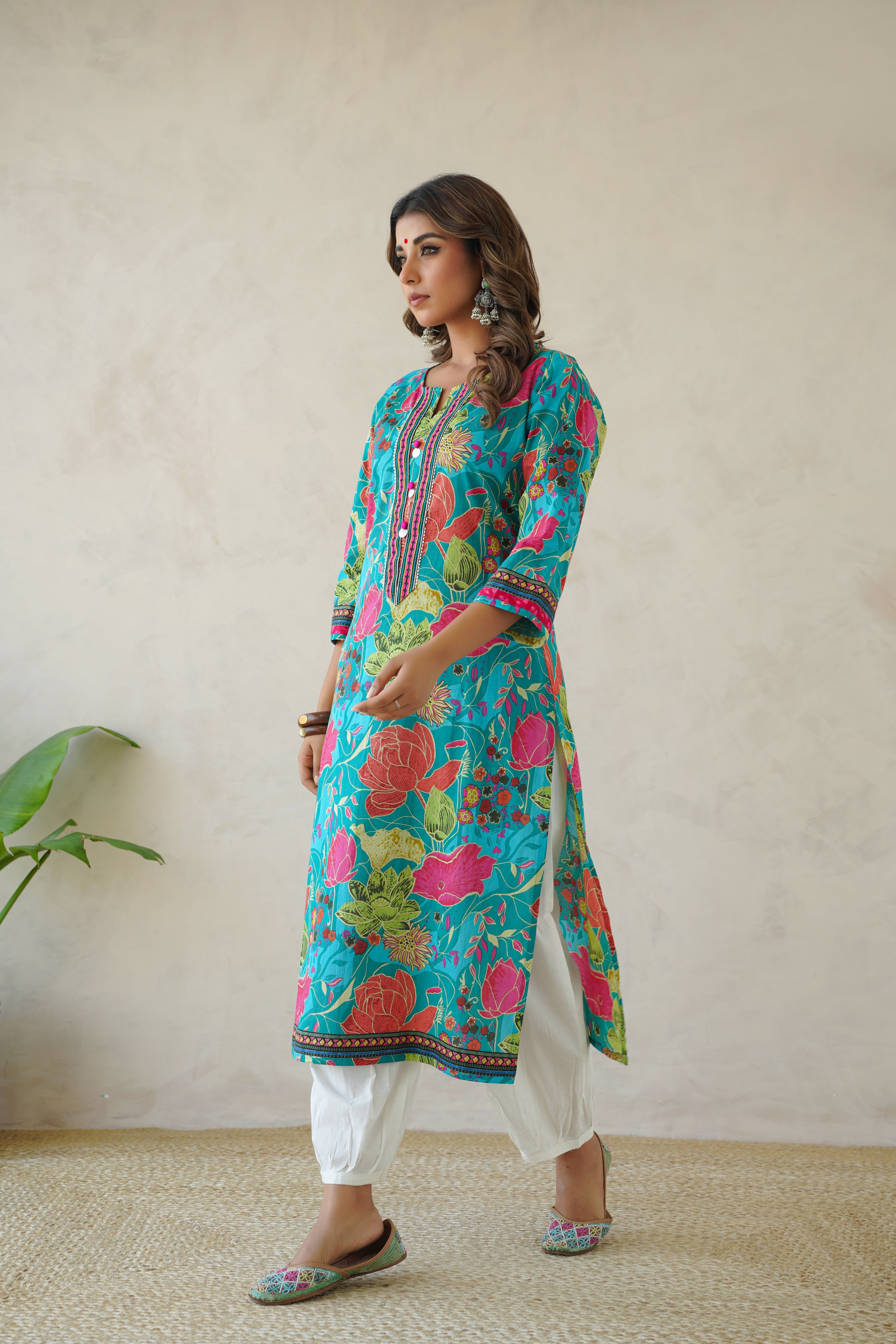 Firozi Multi Floral Cotton Printed Kurta