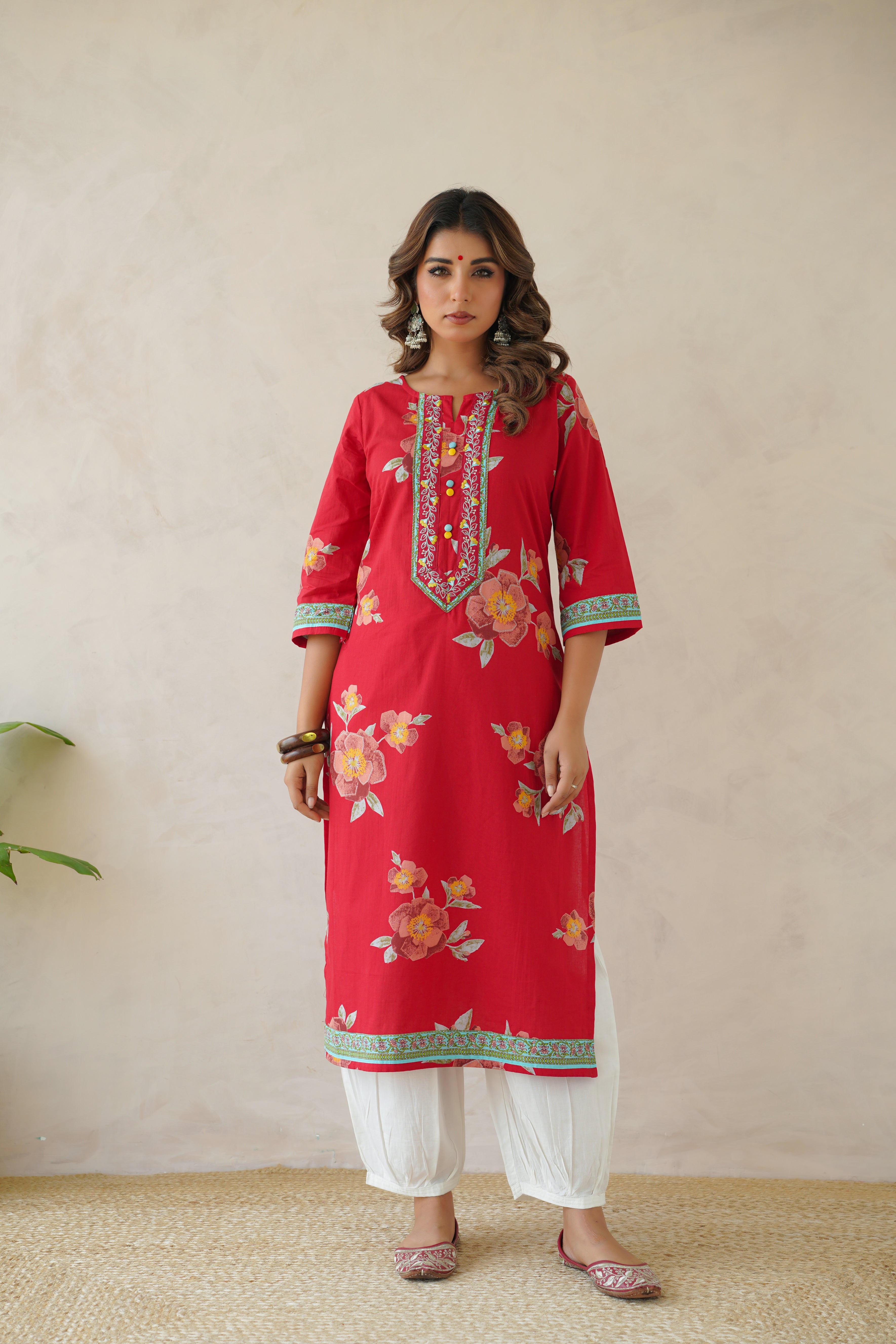 Red Floral Cotton Printed Kurta