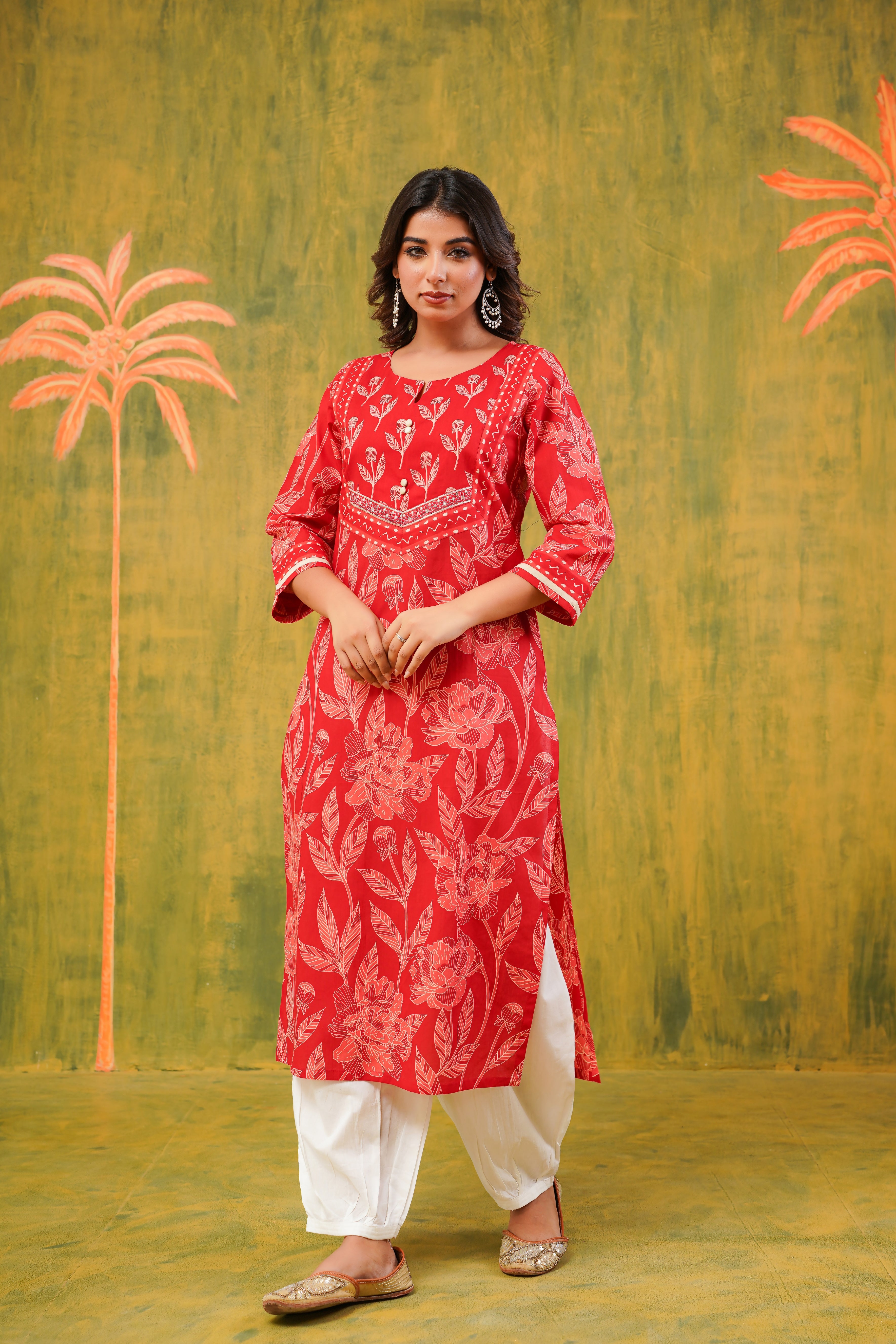 Red Floral Cotton Printed Kurta