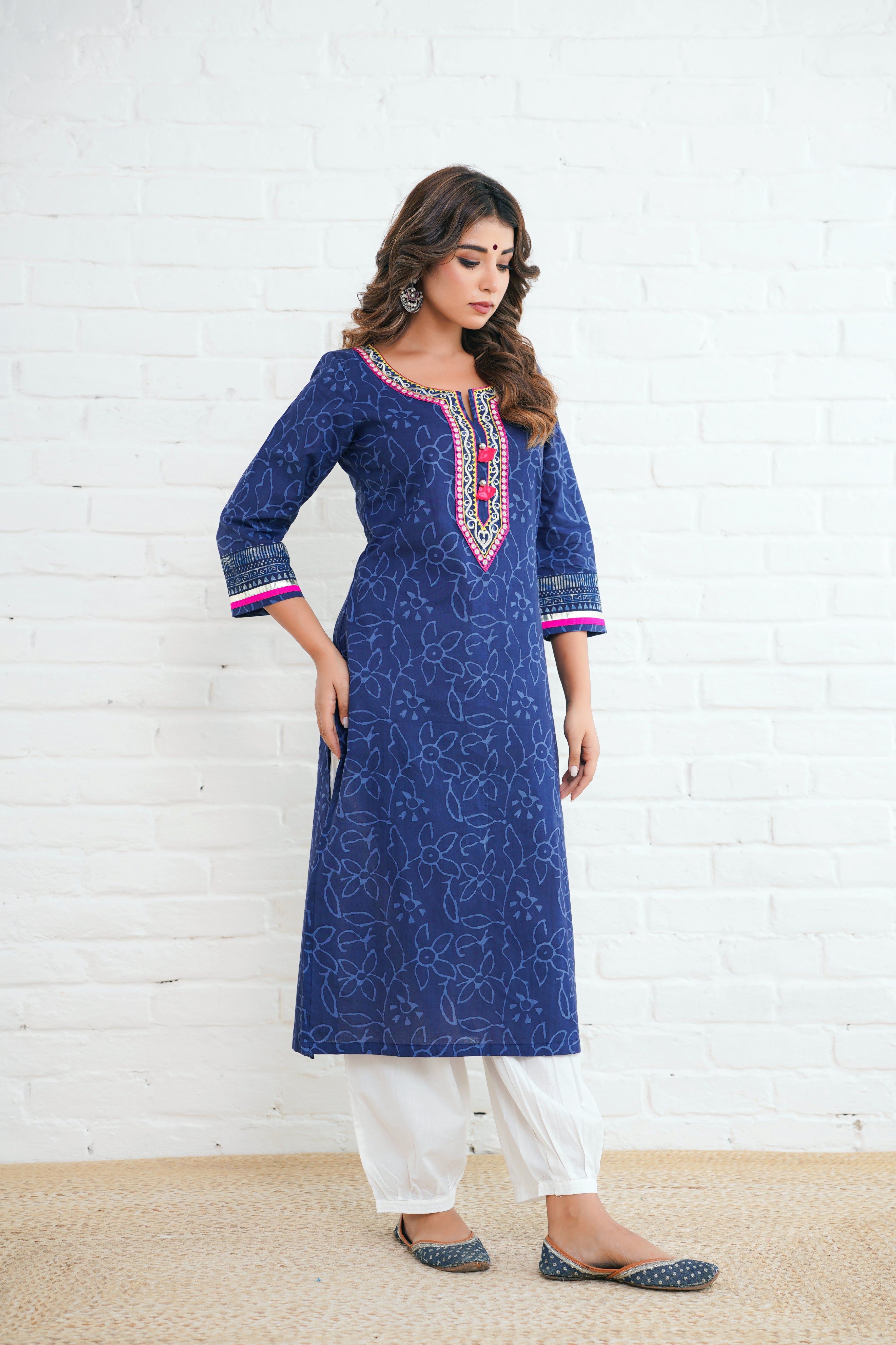 Indigo Floral Printed Cotton Kurta