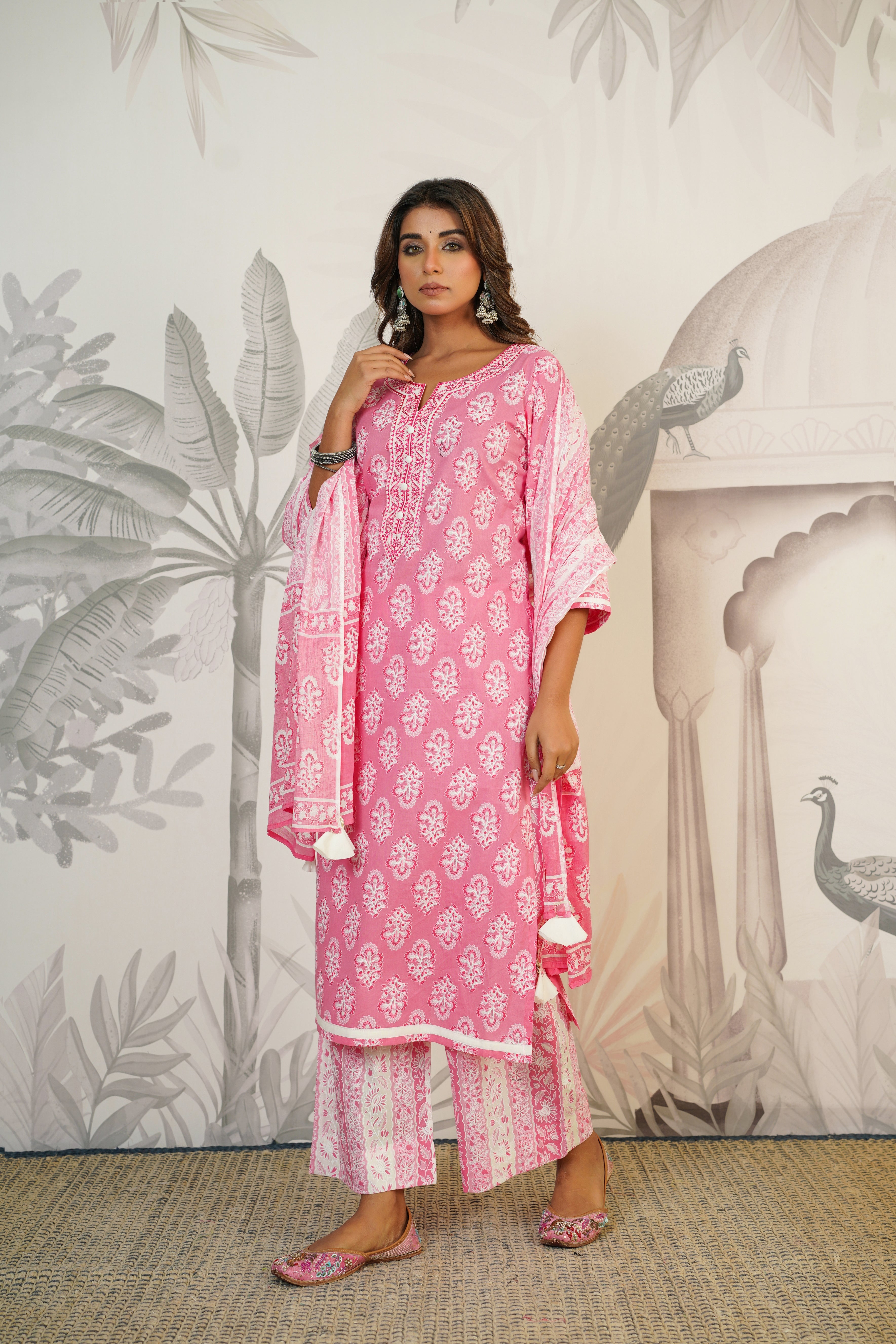 Pink Floral Printed Cotton Suit Set