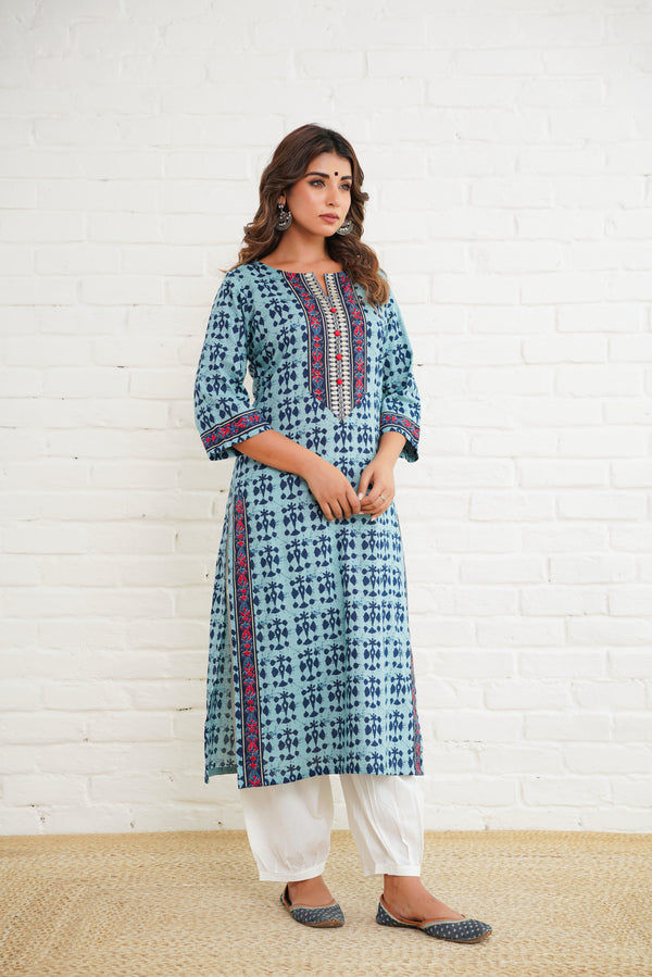 Blue Motif Cotton Printed Kurta