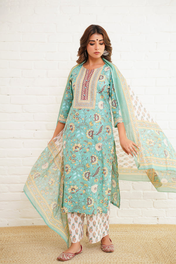 Sea Green Printed Cotton Suit Set