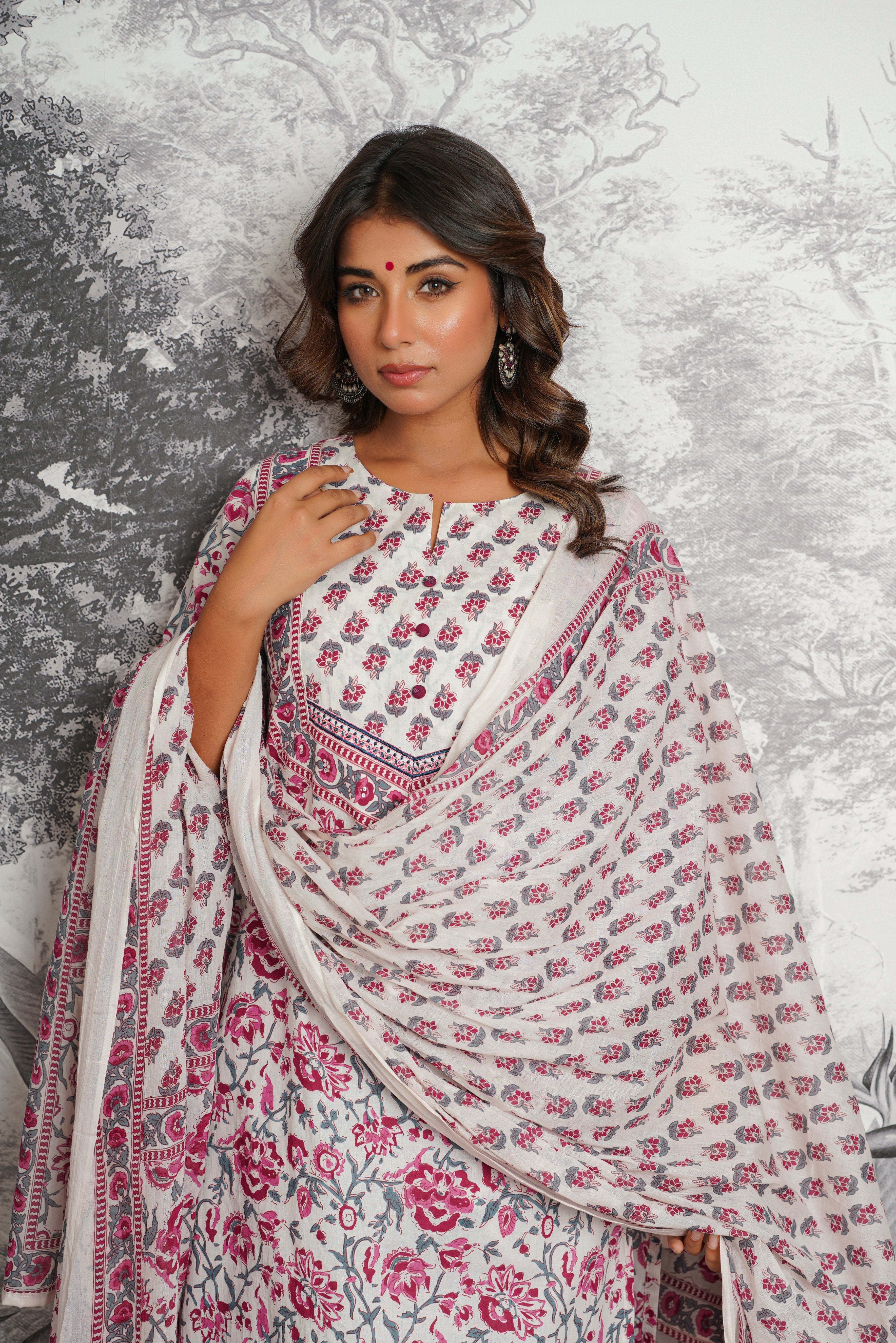 White Floral Printed Cotton Suit Set