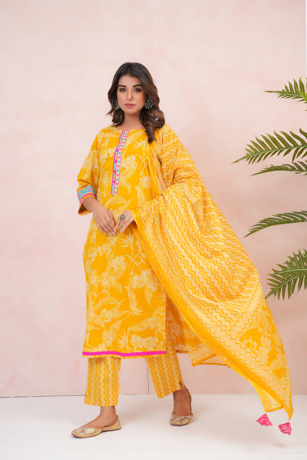 Mustard Floral Printed Cotton Suit Set