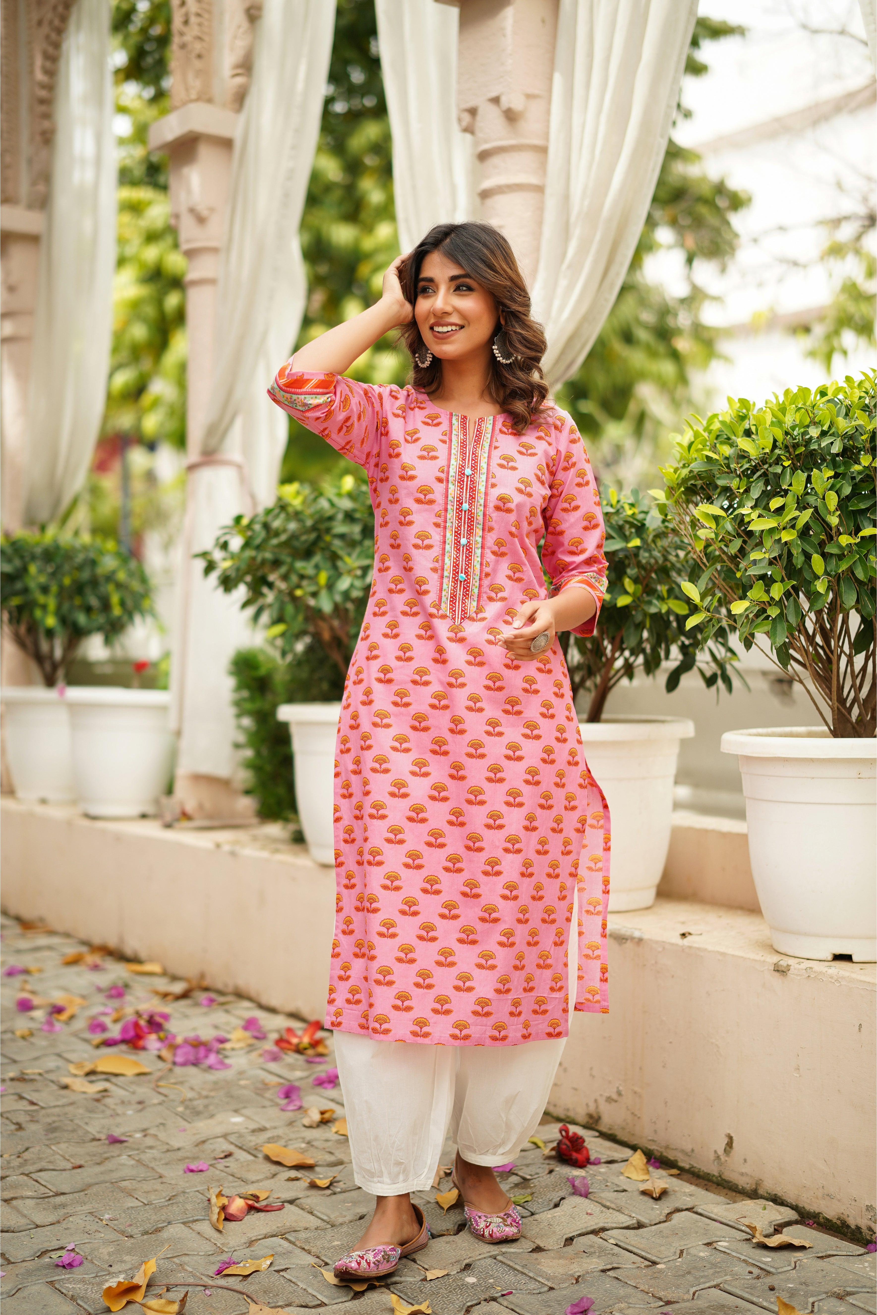 Pink Motif Printed Cotton Kurta