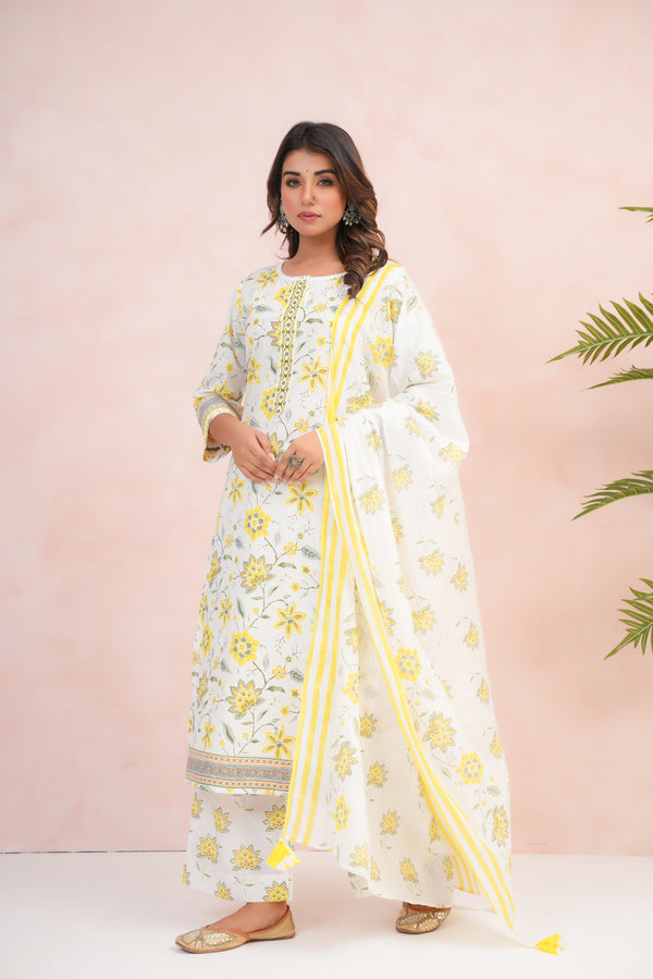 Lemon Floral Printed Cotton Suit Set