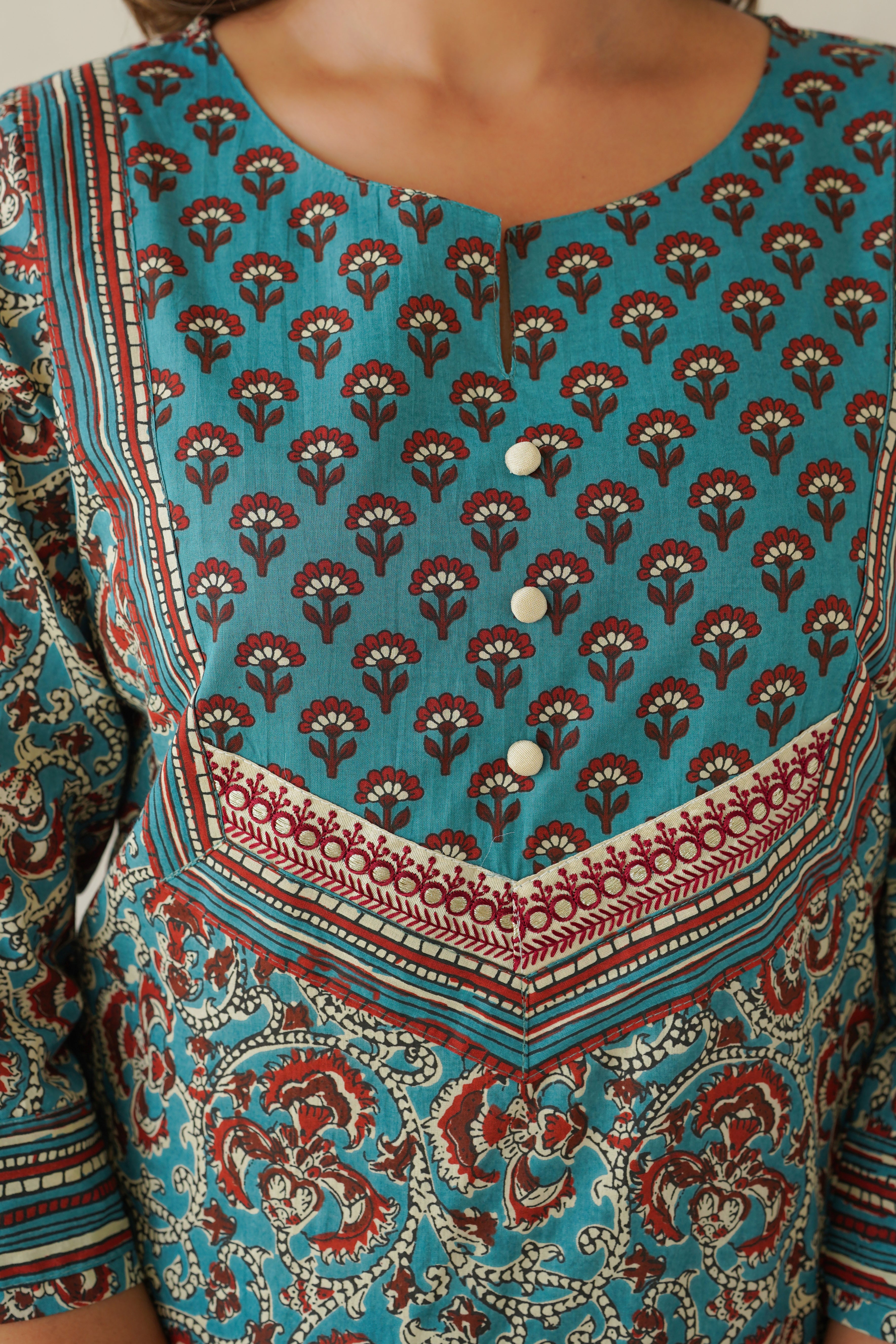 Blue Floral Cotton Printed Kurta