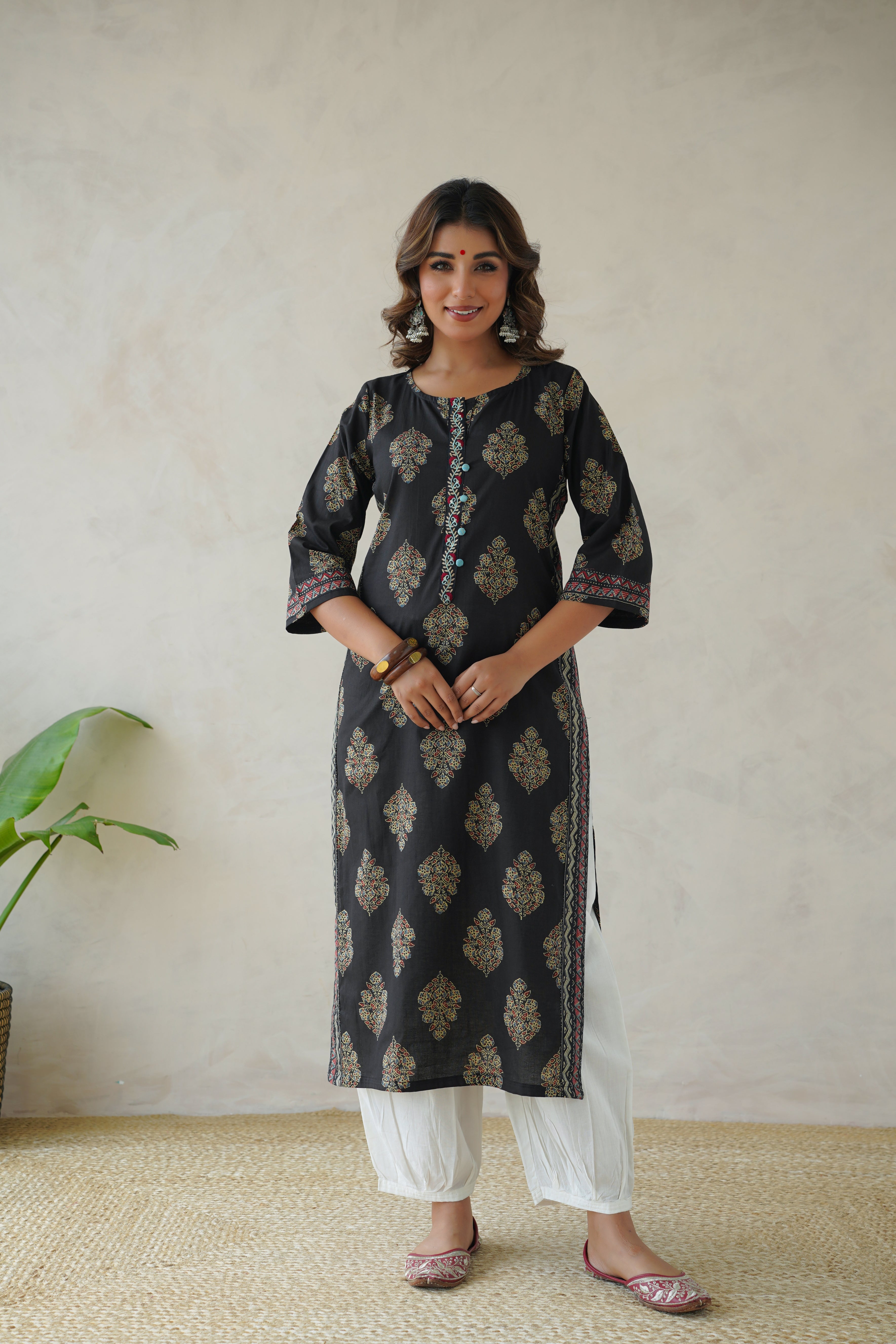 Black Motif Cotton Printed Kurta