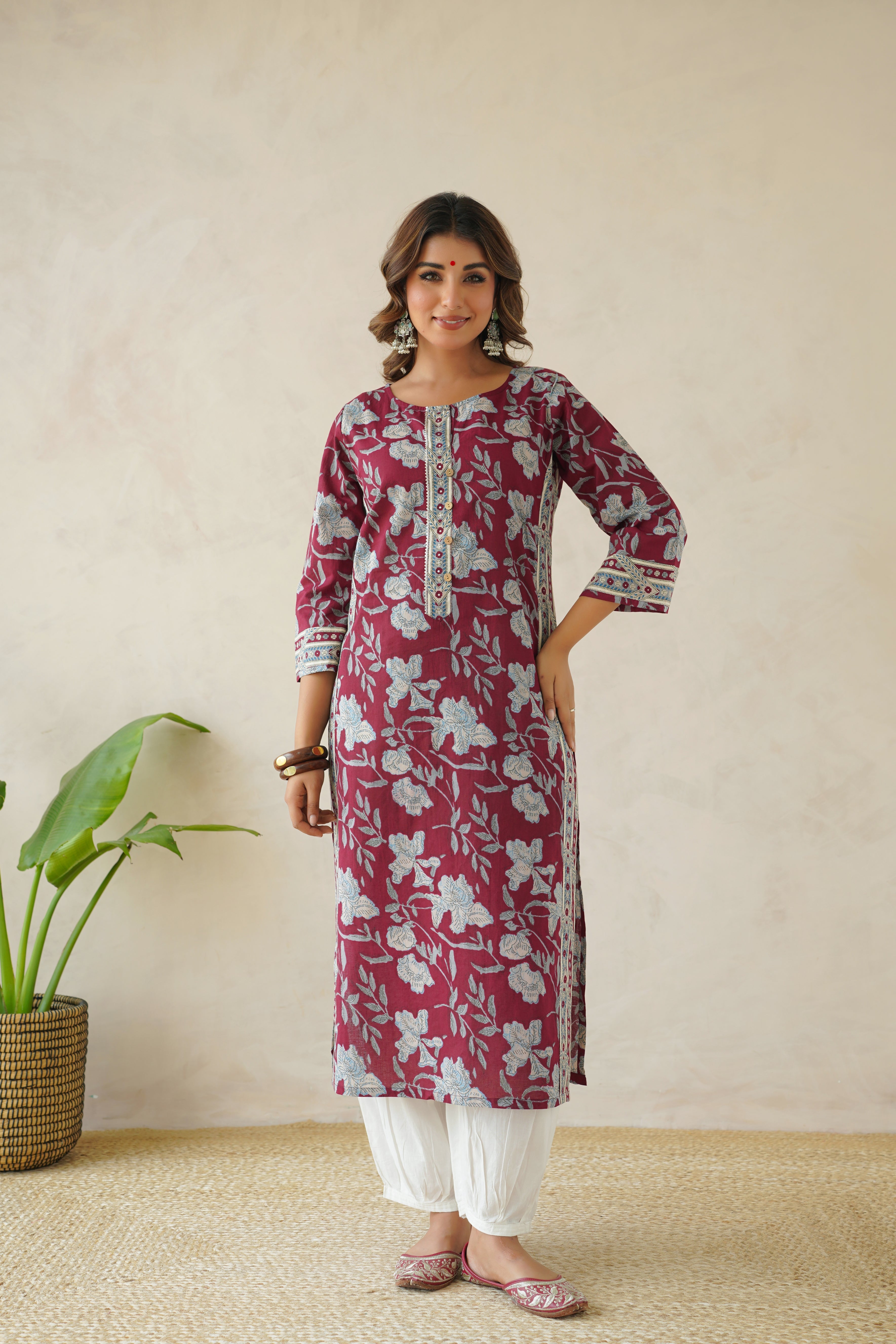 Wine Floral Cotton Printed Kurta