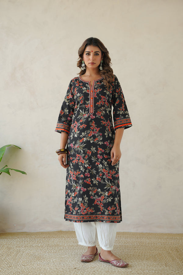Black Floral Cotton Printed Kurta