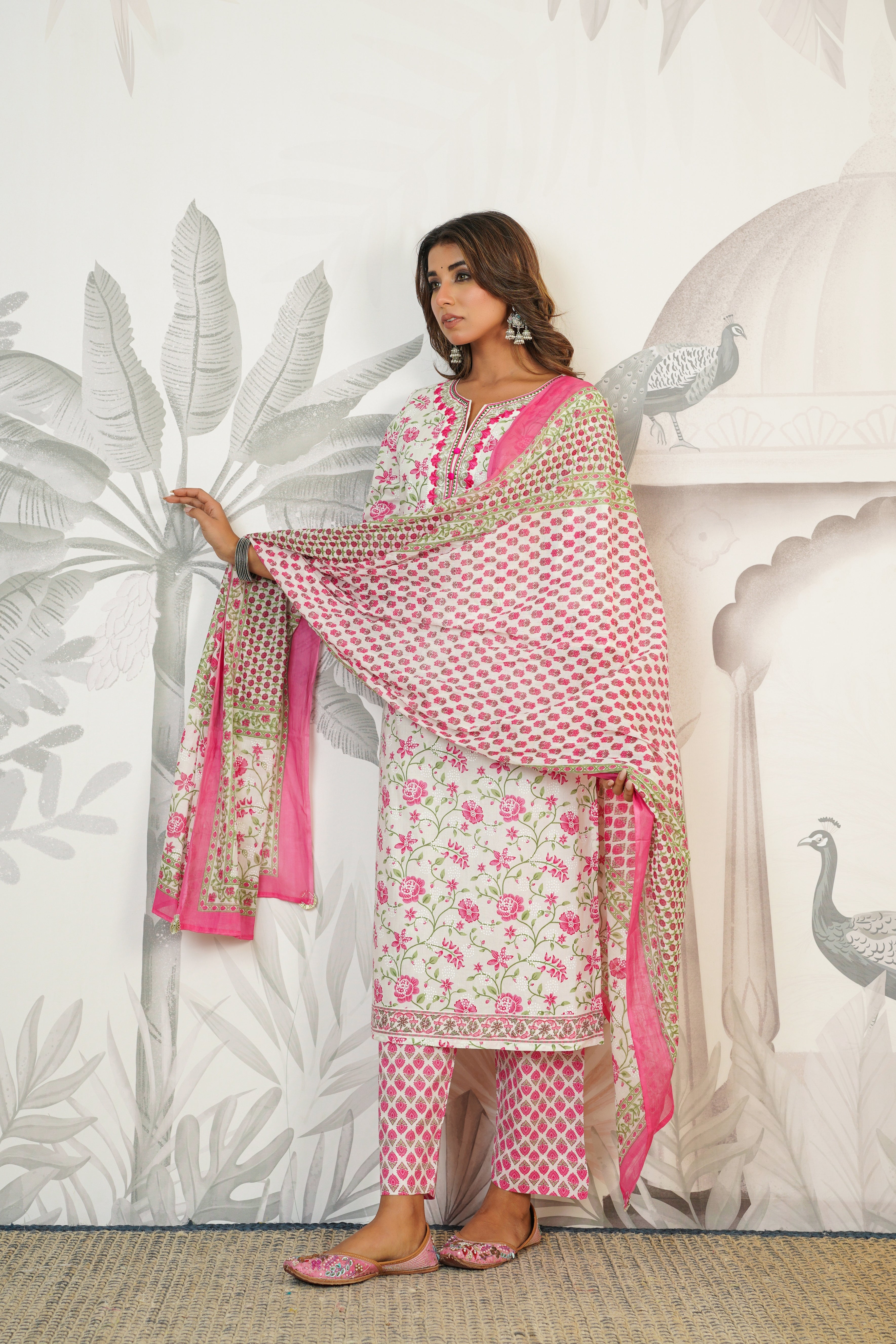 White Floral Printed Cotton Suit Set